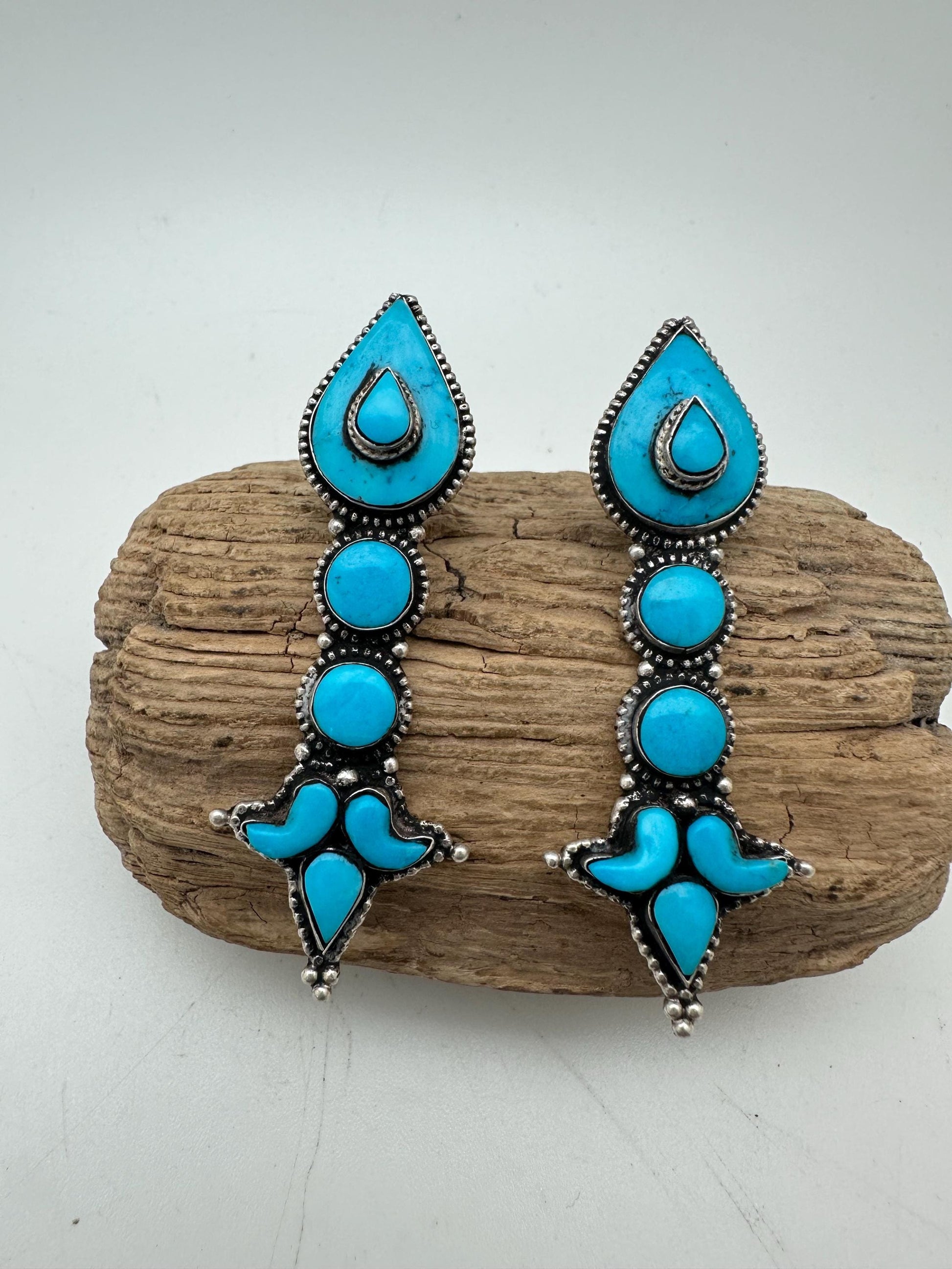 Tibetan turquoise earring, sterling silver, akor lotus shape, Himalayan design, Tibetan traditional