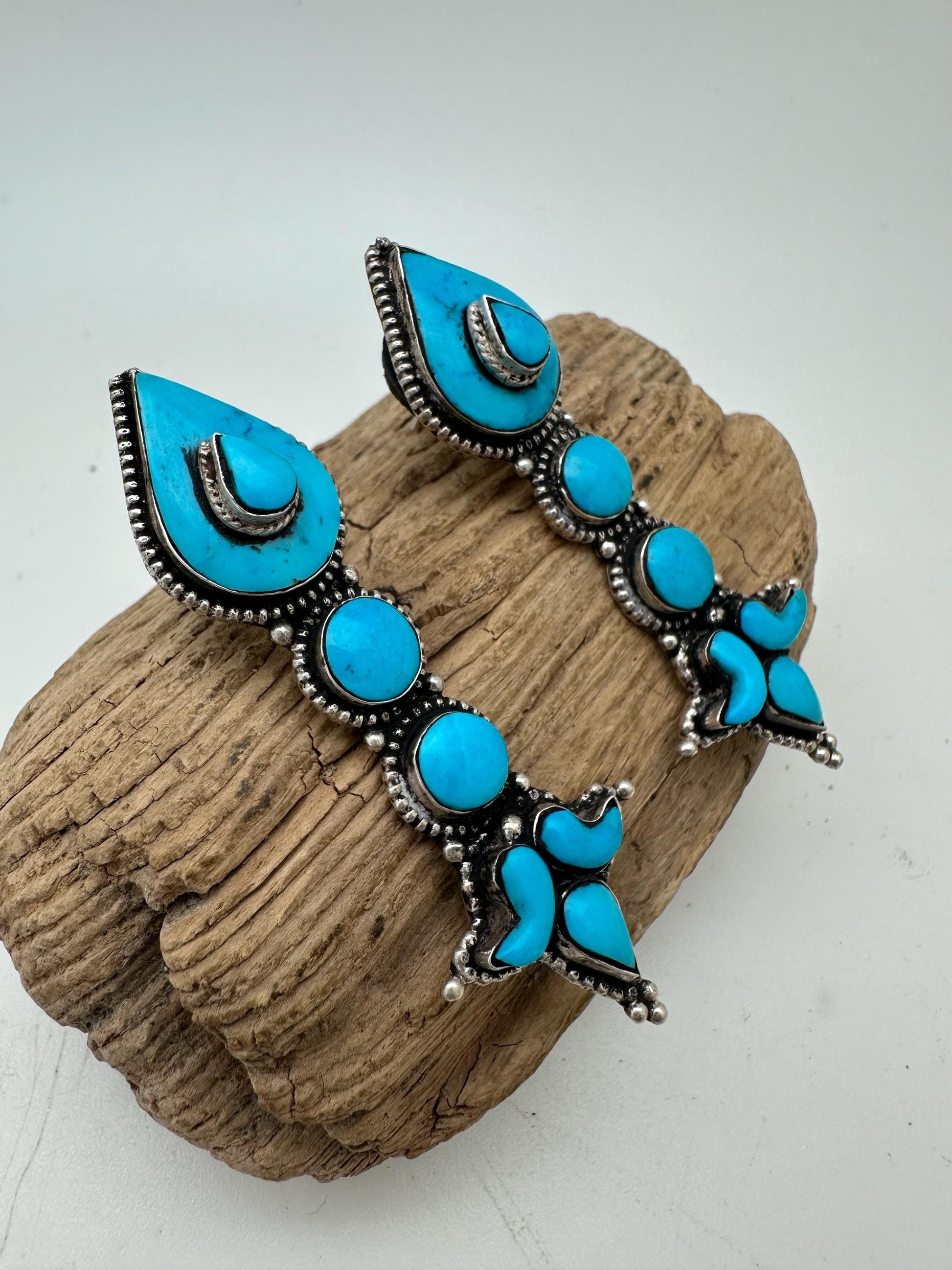 Tibetan turquoise earring, sterling silver, akor lotus shape, Himalayan design, Tibetan traditional
