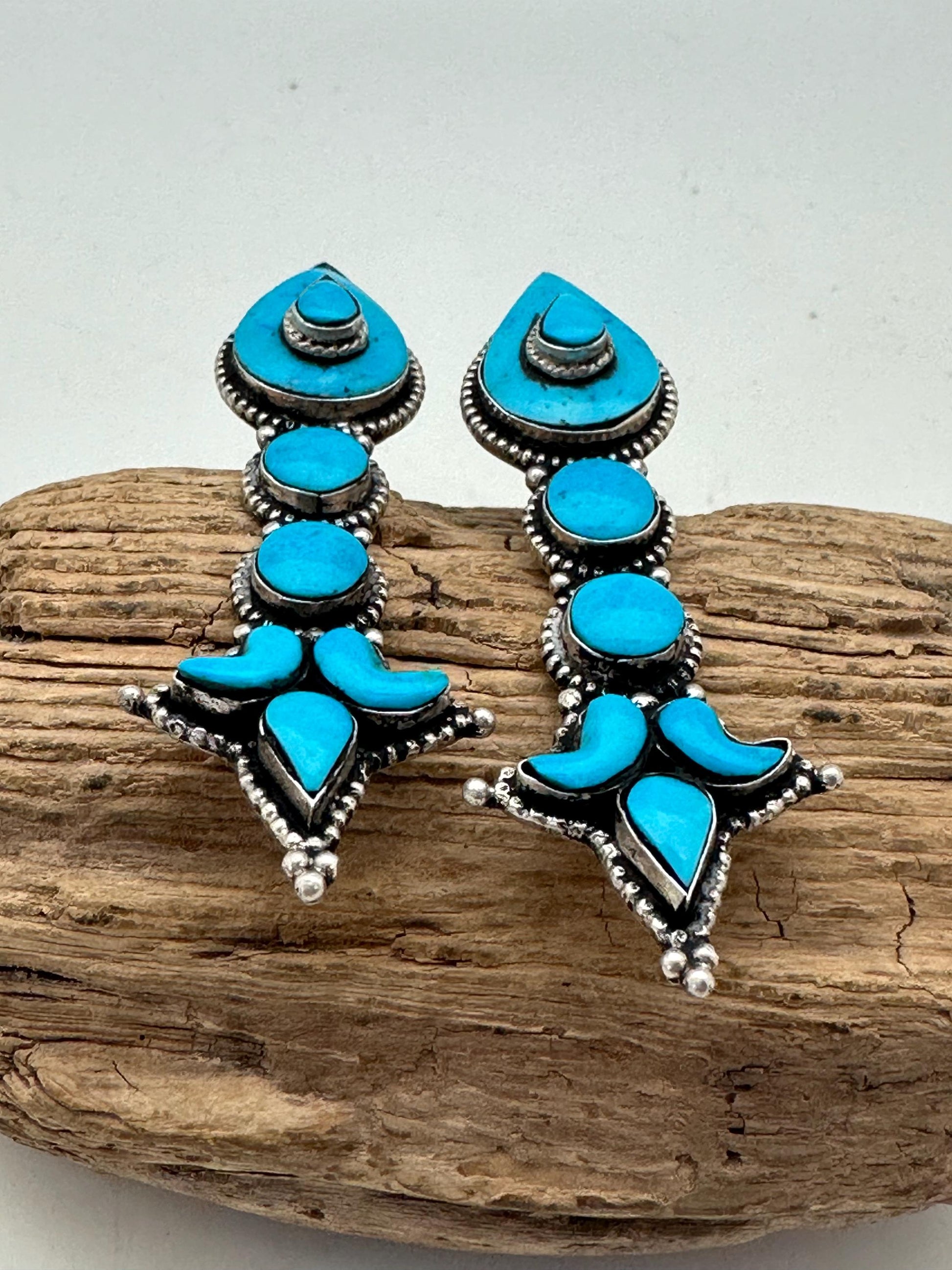 Tibetan turquoise earring, sterling silver, akor lotus shape, Himalayan design, Tibetan traditional