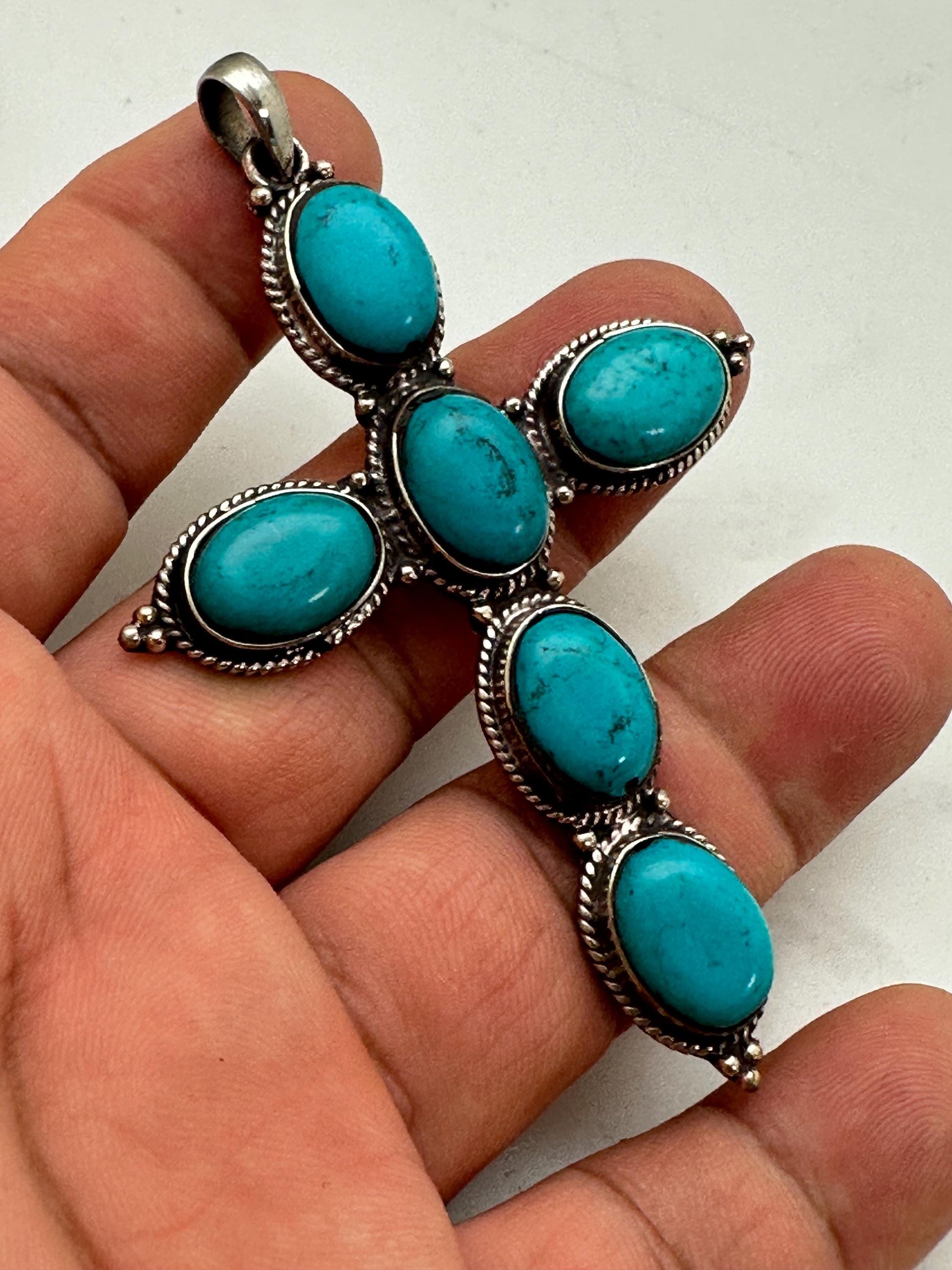 cross pendant, turquoise with Tibetan silver