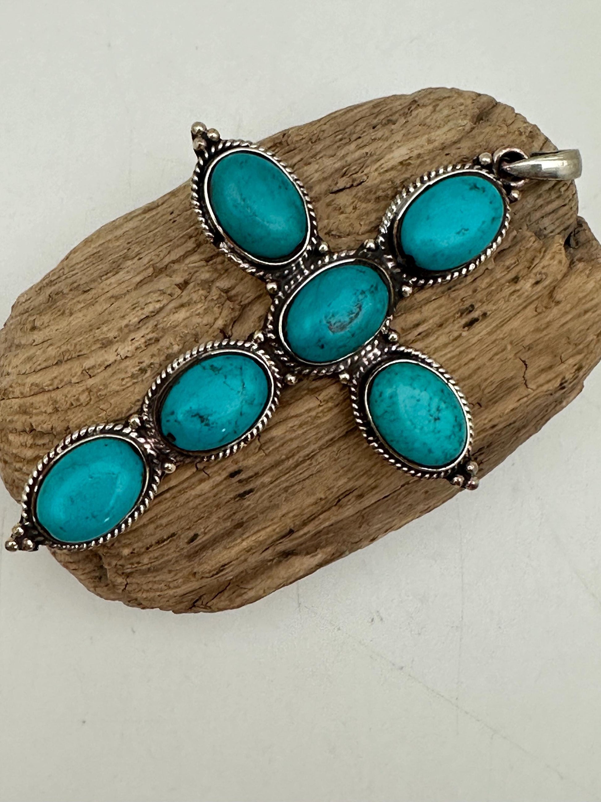 cross pendant, turquoise with Tibetan silver