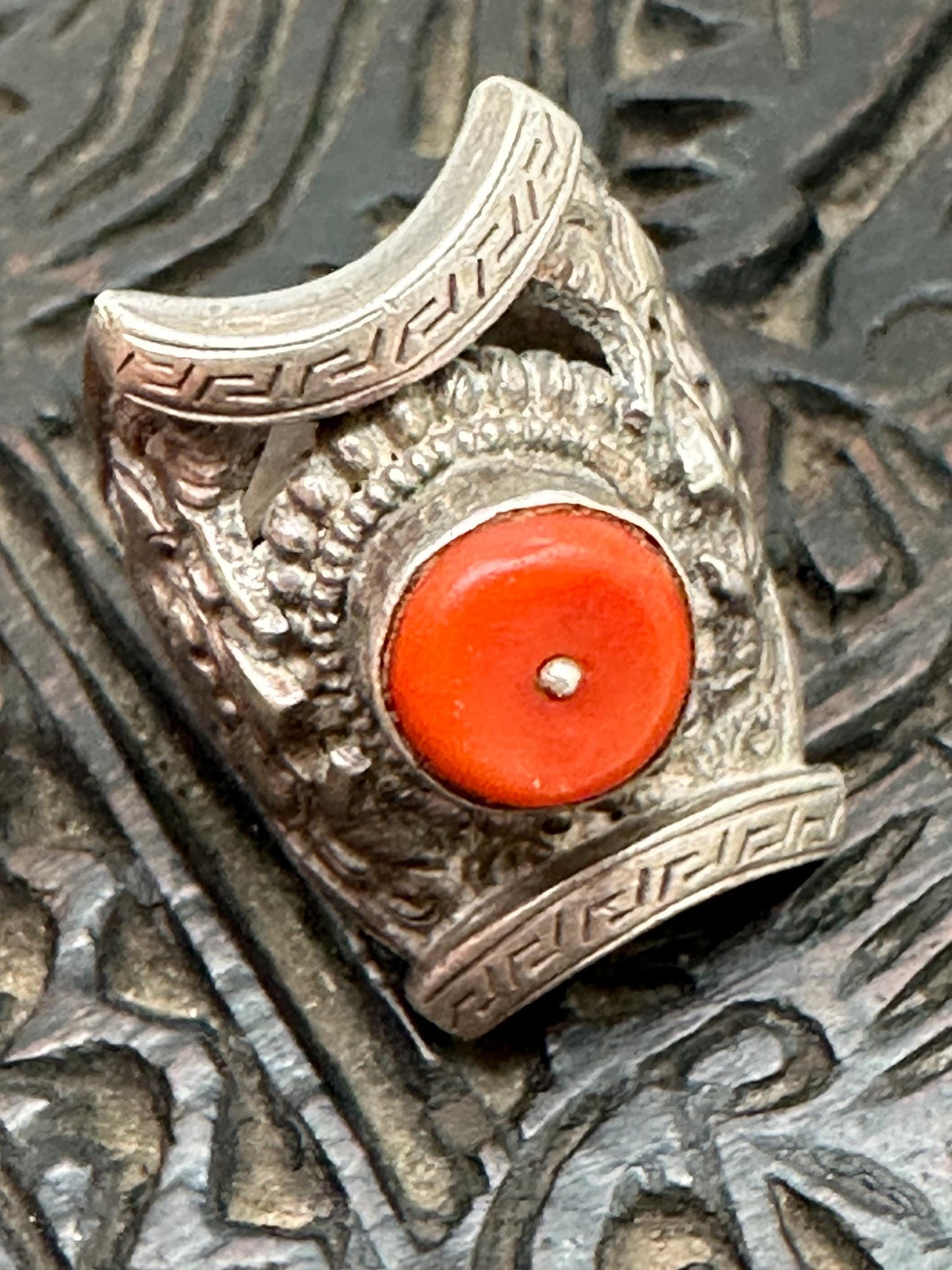 Handcrafted Tibetan Sterling Silver Saddle Ring: Natural Coral