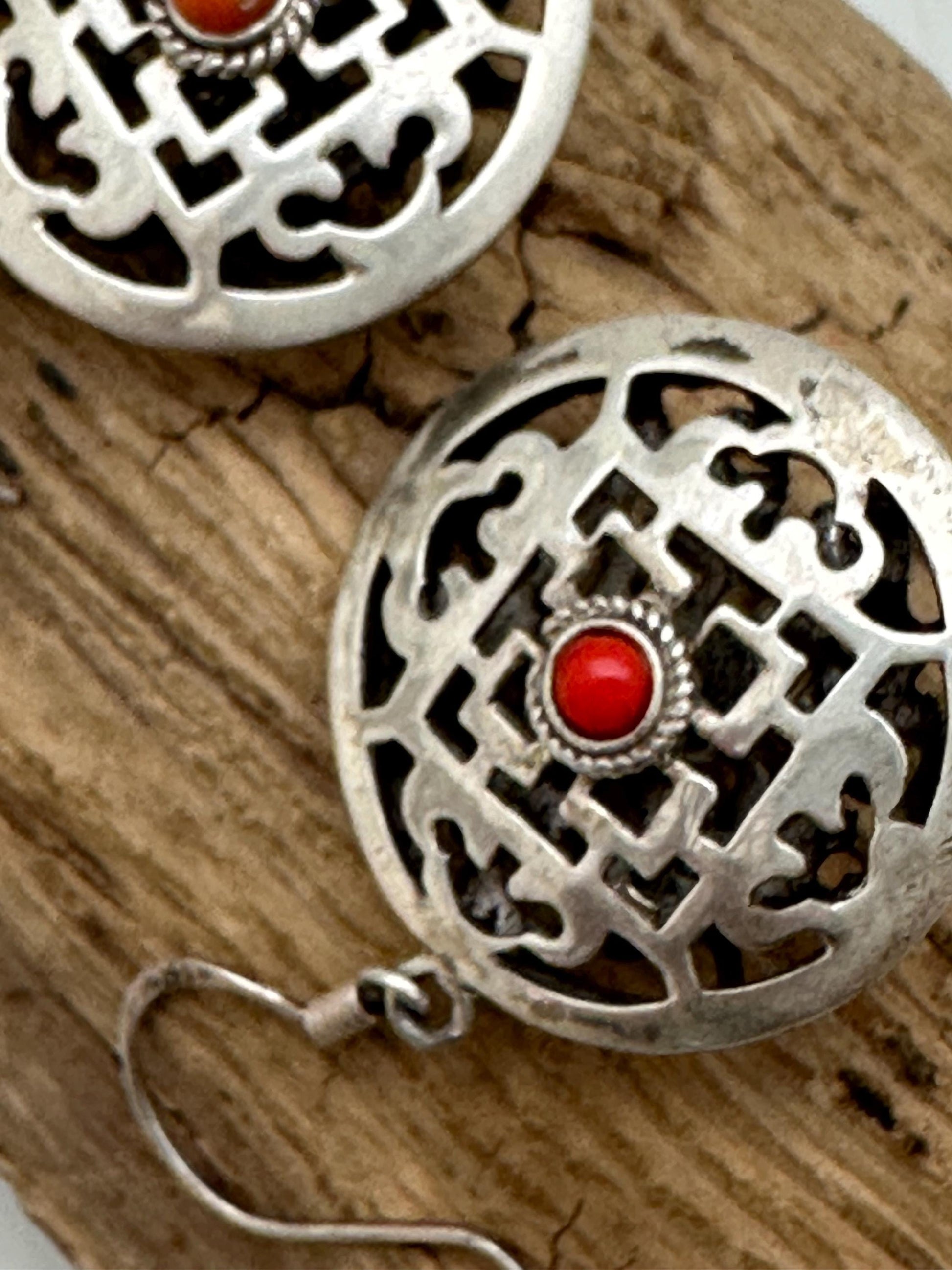 Tibetan earring, ethnic design, mandala design, sterling silver, inlay natural coral