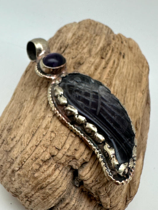 amethyst wing pendant, natural crystal, master handcrafted with Tibetan silver