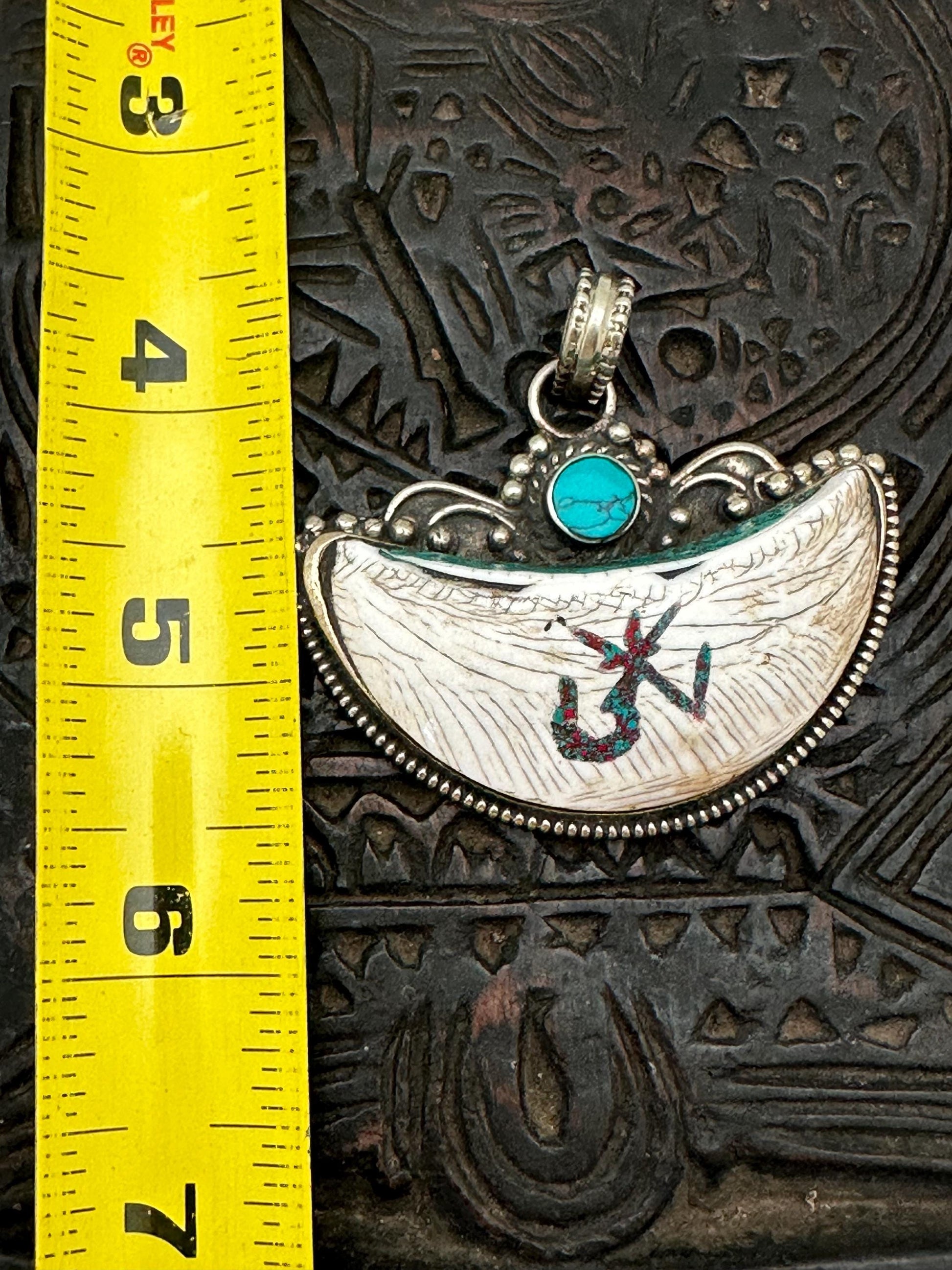 half moon pendant, Tibetan design, shell pendant