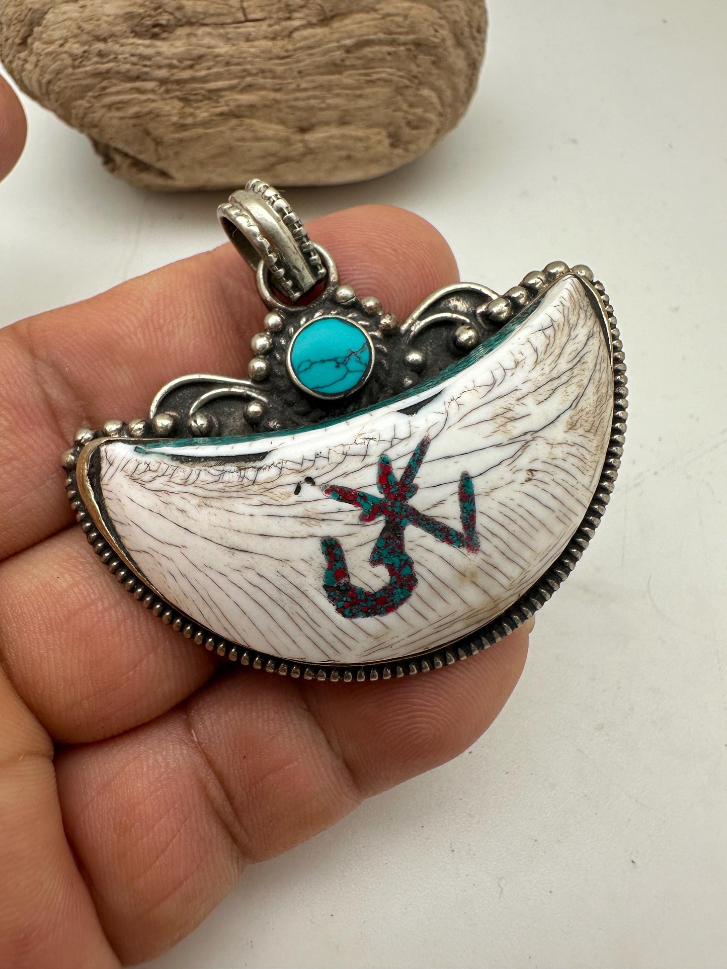 half moon pendant, Tibetan design, shell pendant