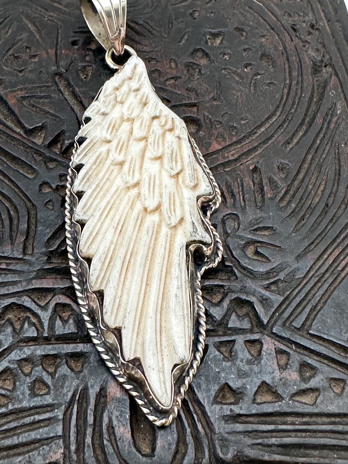 wing pendant, bone carving, energy pendant, Tibetan silver