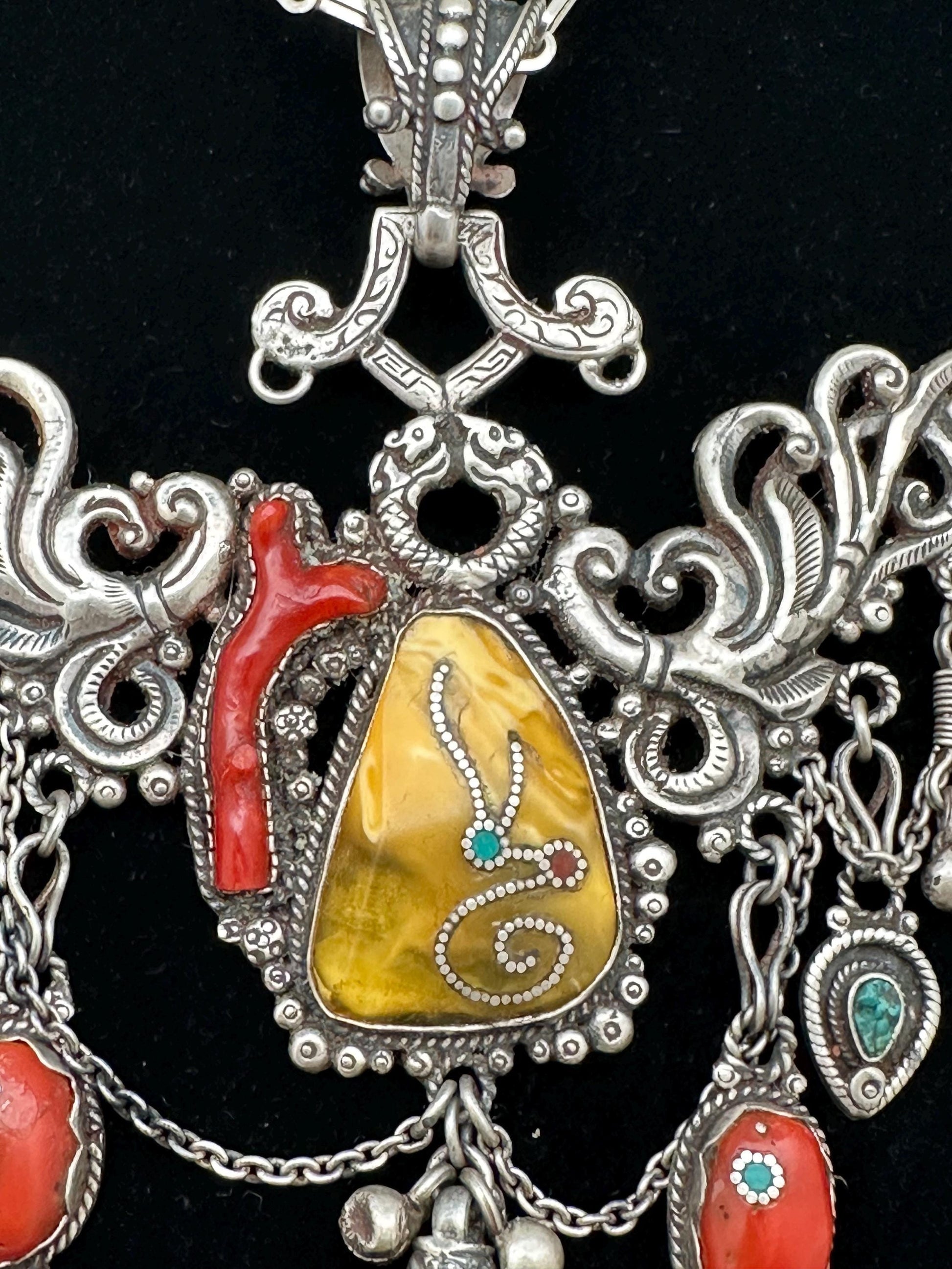 Tibetan necklace, ethnic jewelry, sterling silver, handmade necklace, vintage jewelry