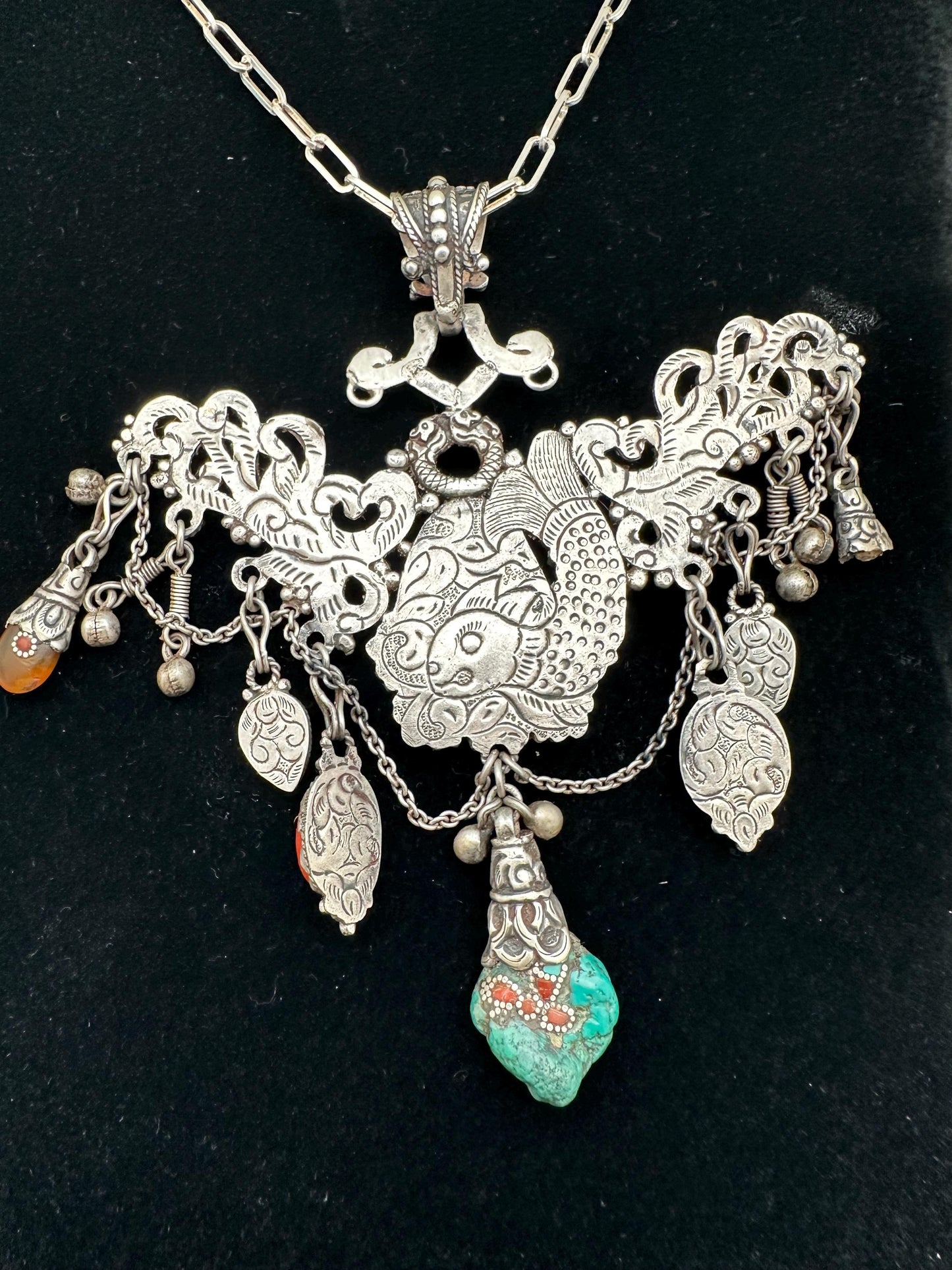 Tibetan necklace, ethnic jewelry, sterling silver, handmade necklace, vintage jewelry
