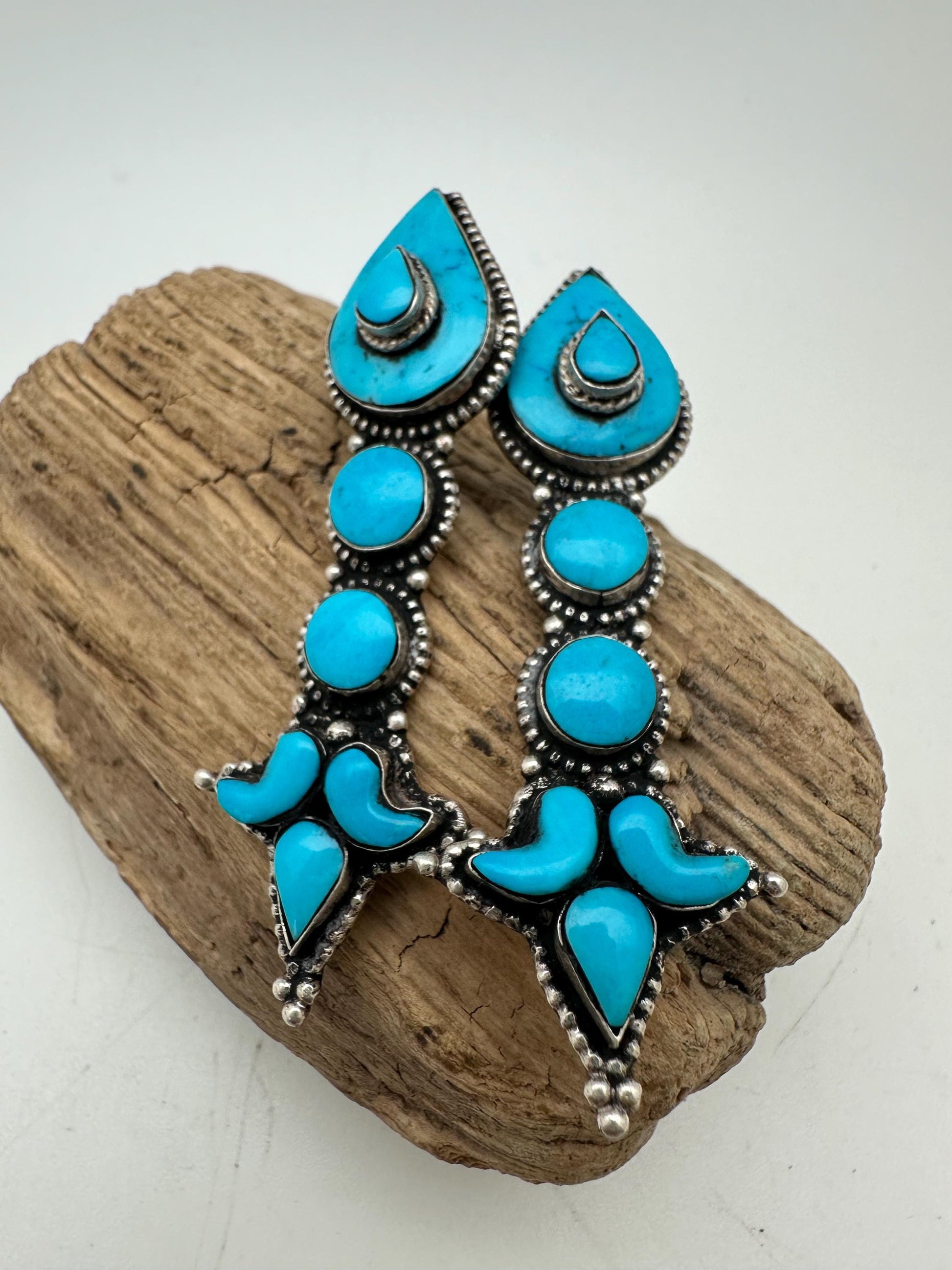 Tibetan turquoise earring, sterling silver, akor lotus shape, Himalayan design, Tibetan traditional