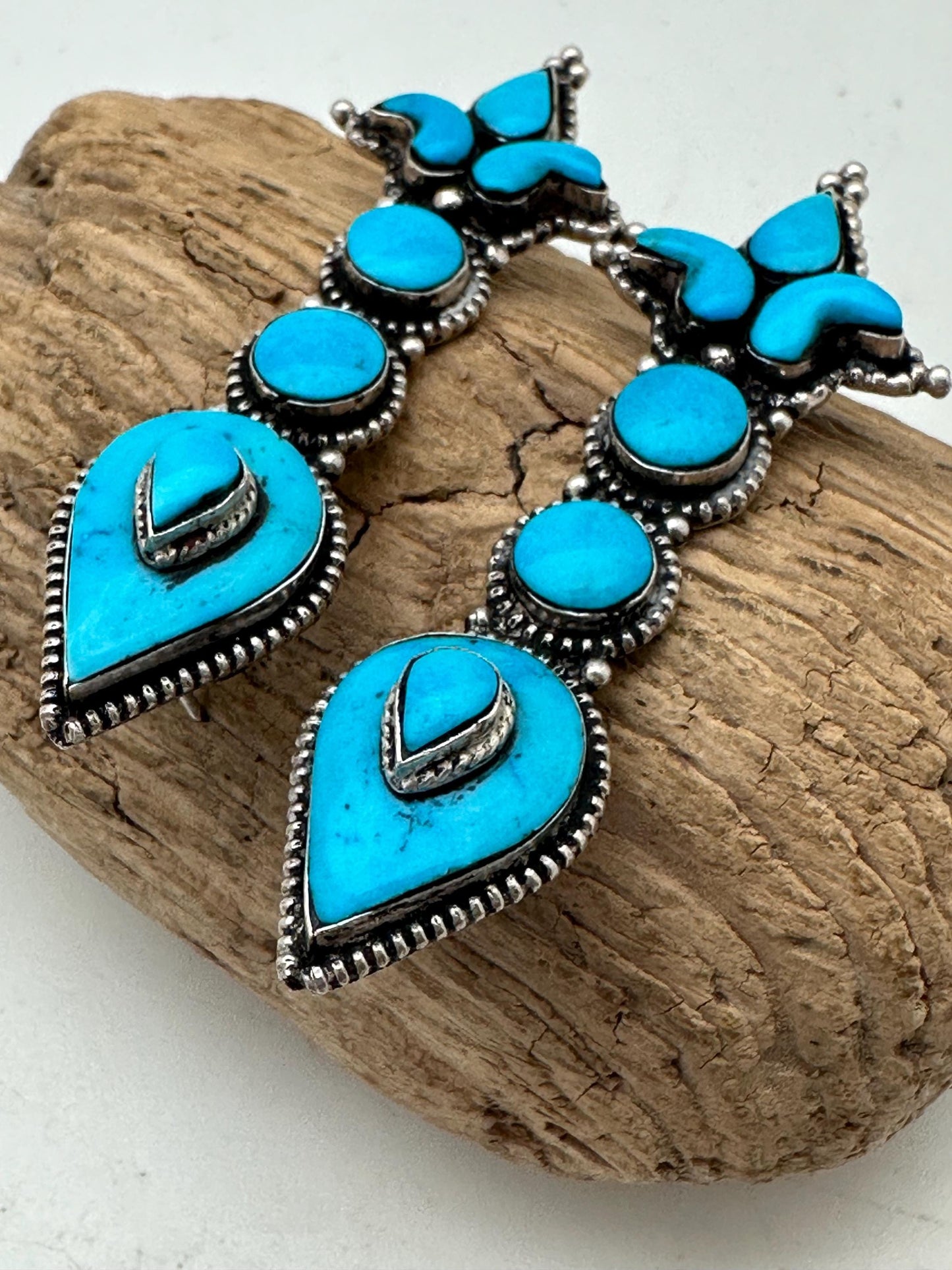 Tibetan turquoise earring, sterling silver, akor lotus shape, Himalayan design, Tibetan traditional