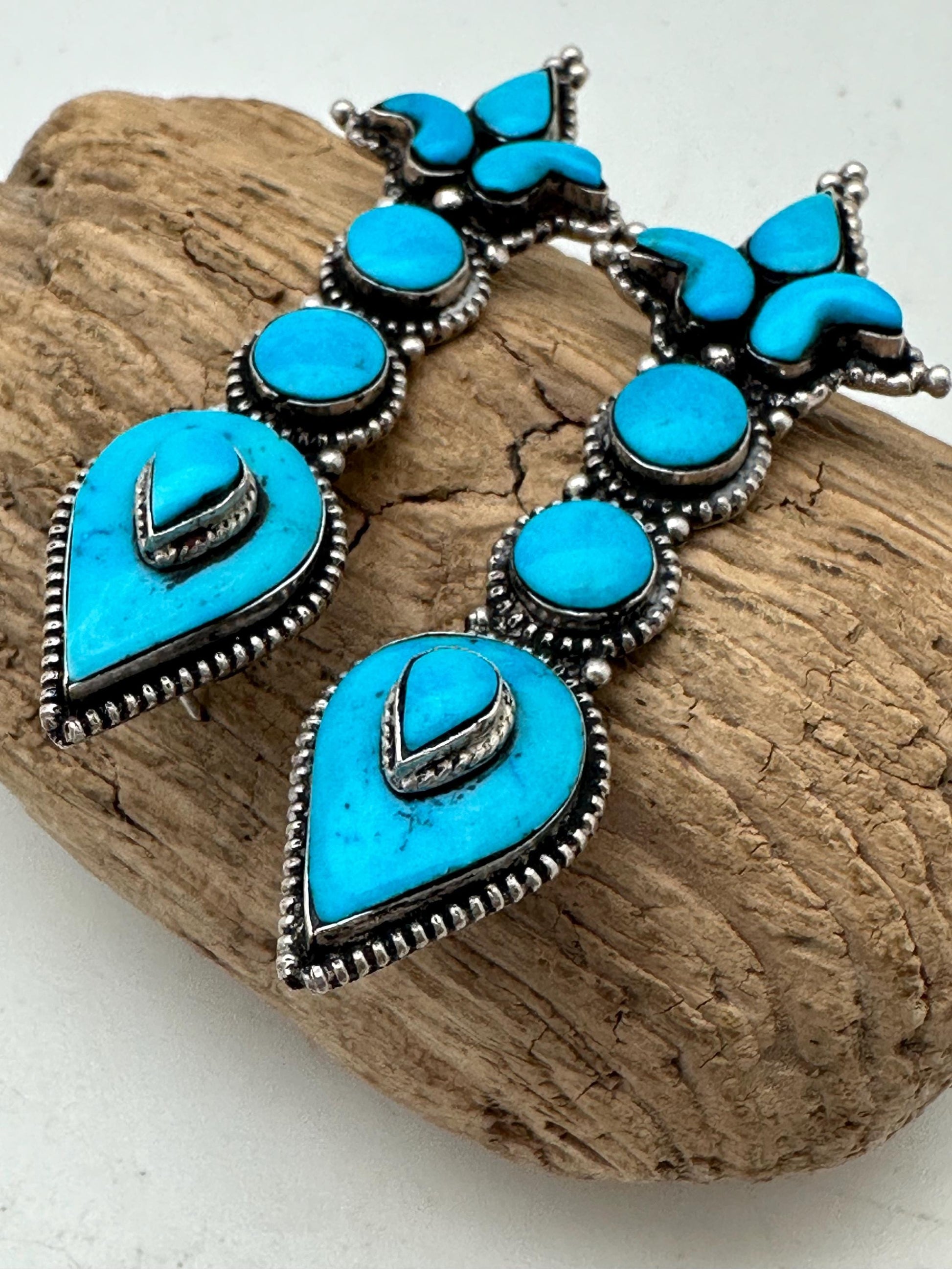 Tibetan turquoise earring, sterling silver, akor lotus shape, Himalayan design, Tibetan traditional