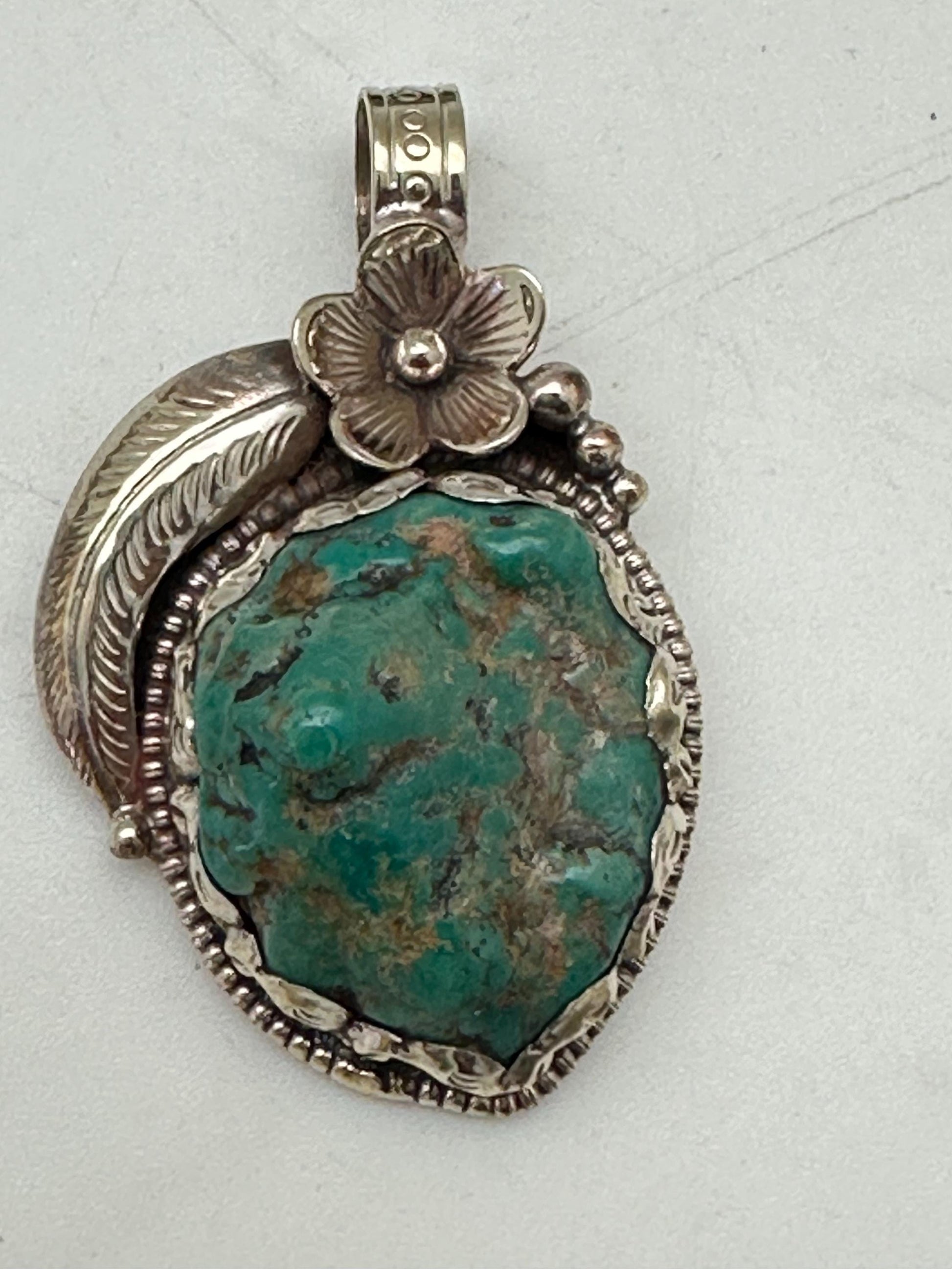 Tibetan turquoise pendant, natural turquoise, handmade Tibetan silver, healing stone