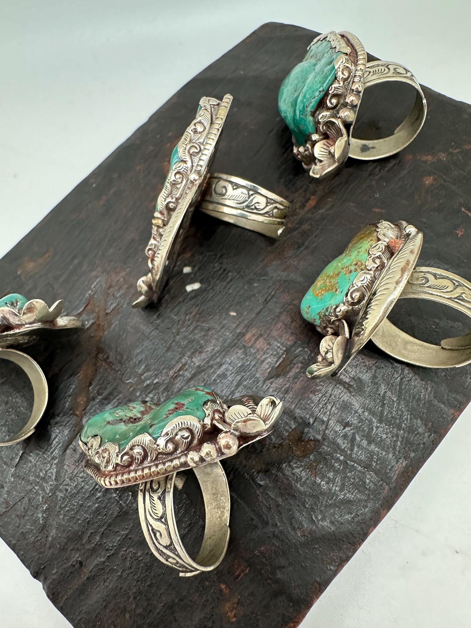 Handcrafted Turquoise Ring: Tibetan repousse Silver Adjustable Band