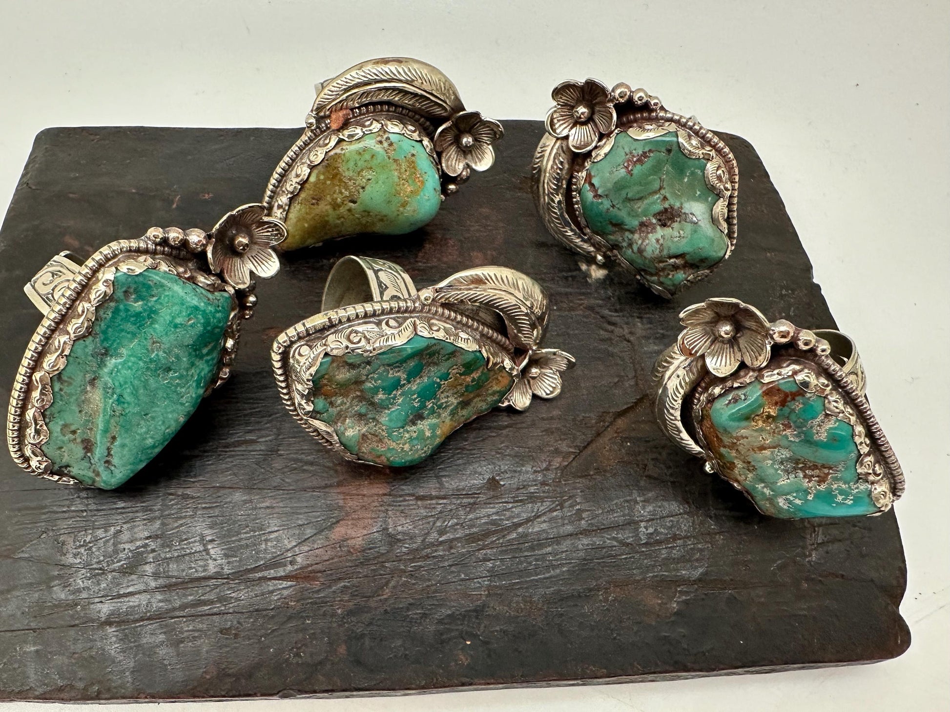 Handcrafted Turquoise Ring: Tibetan repousse Silver Adjustable Band