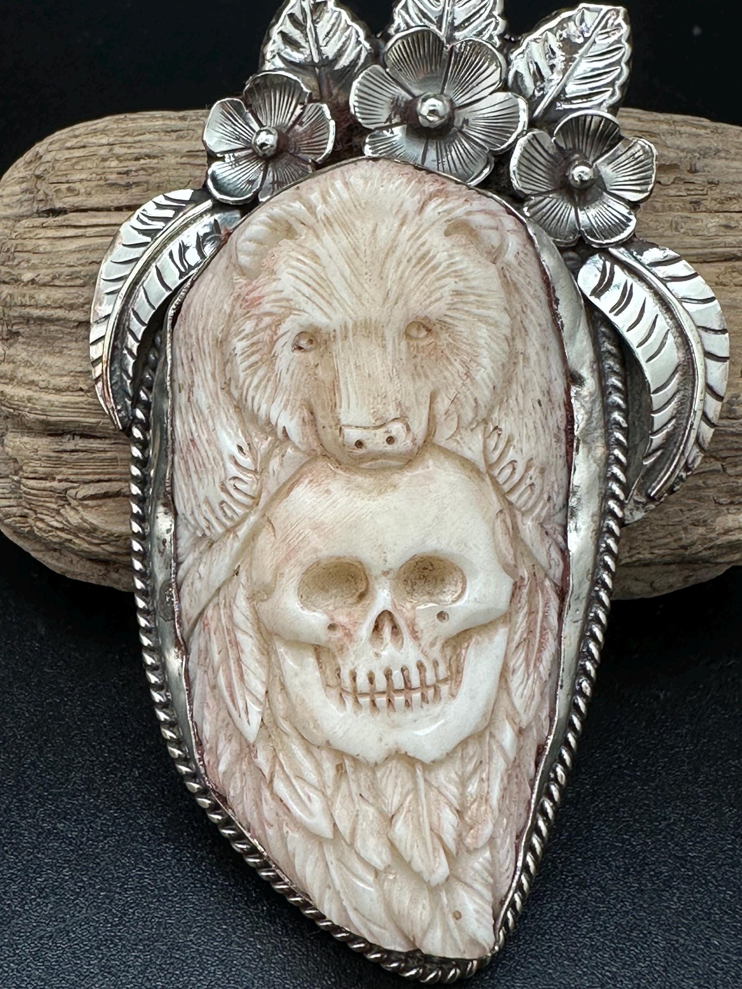 bear with skull pendant, handcrafted with Tibetan silver, native jewelry,