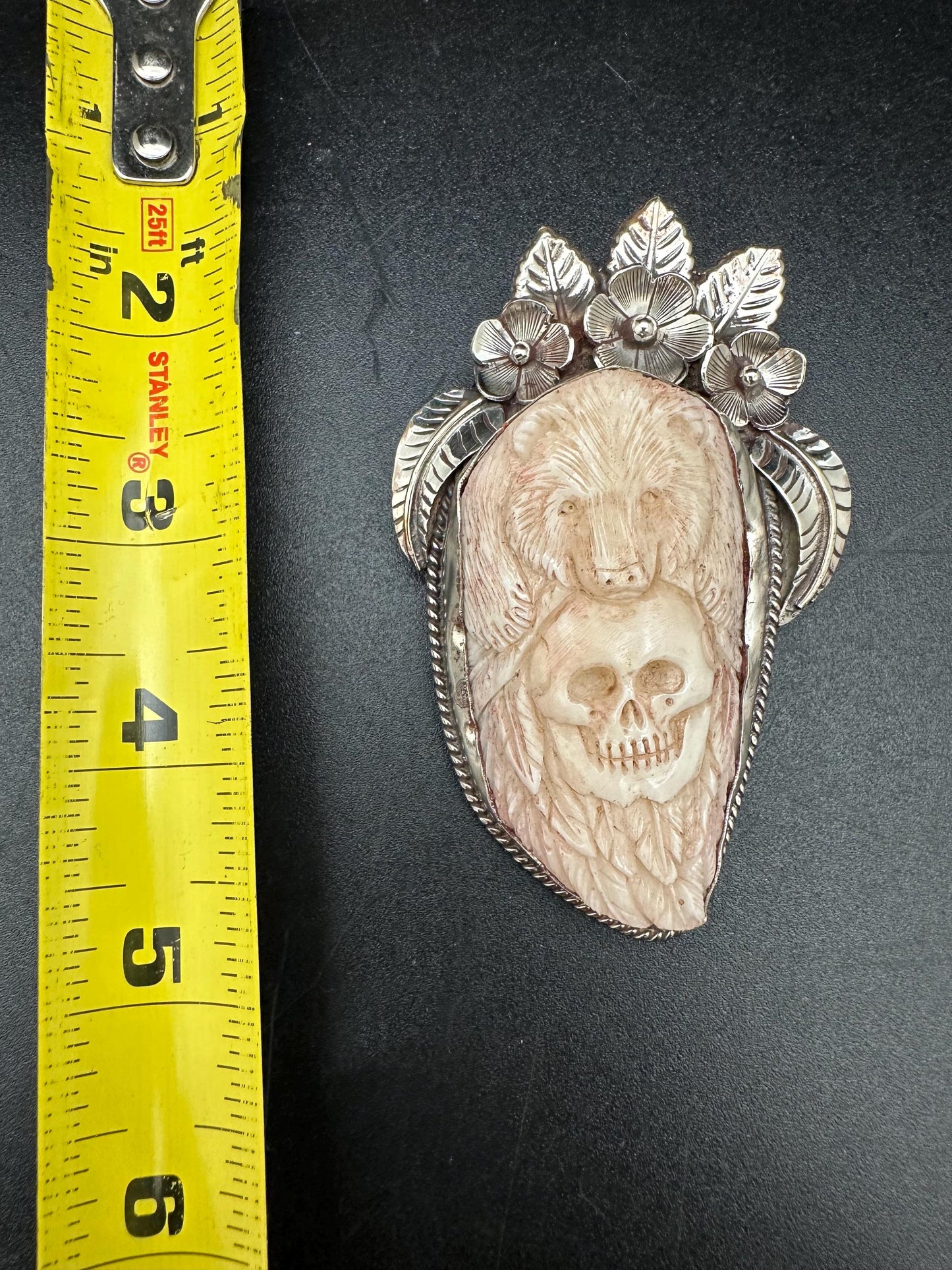 bear with skull pendant, handcrafted with Tibetan silver, native jewelry,