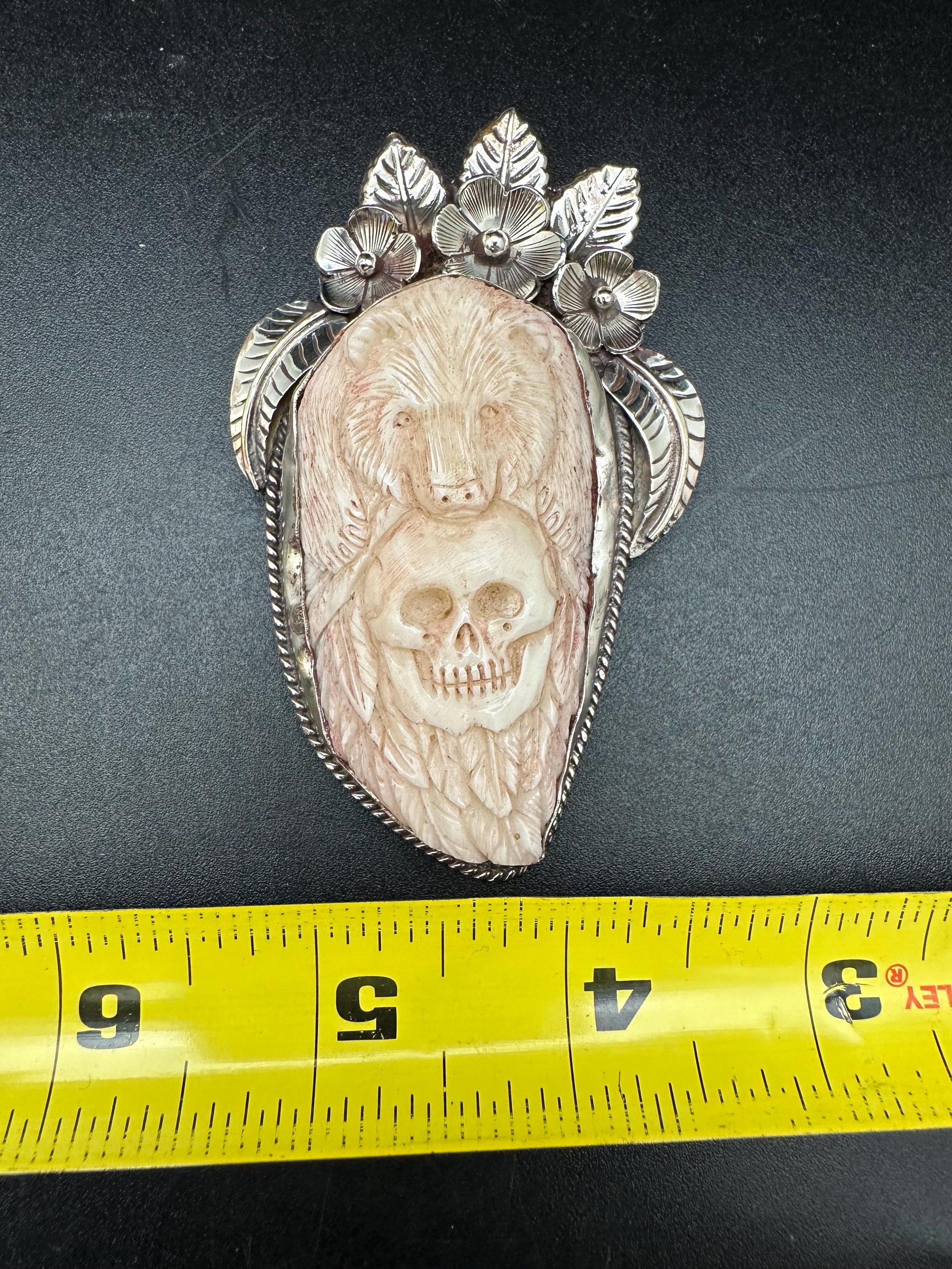 bear with skull pendant, handcrafted with Tibetan silver, native jewelry,