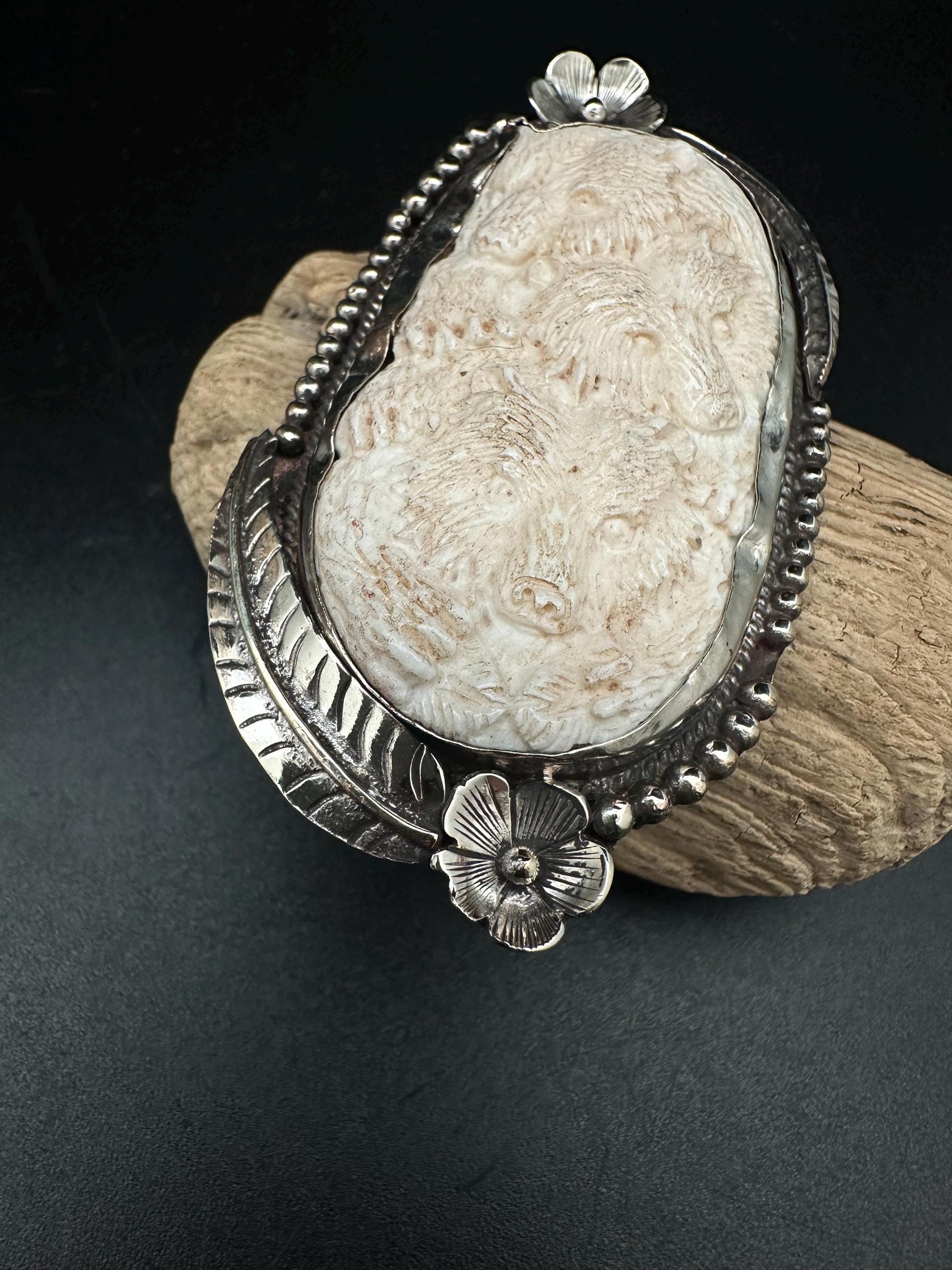 Handmade Bone Carved Bear Pendant: Tibetan Silver Repousse