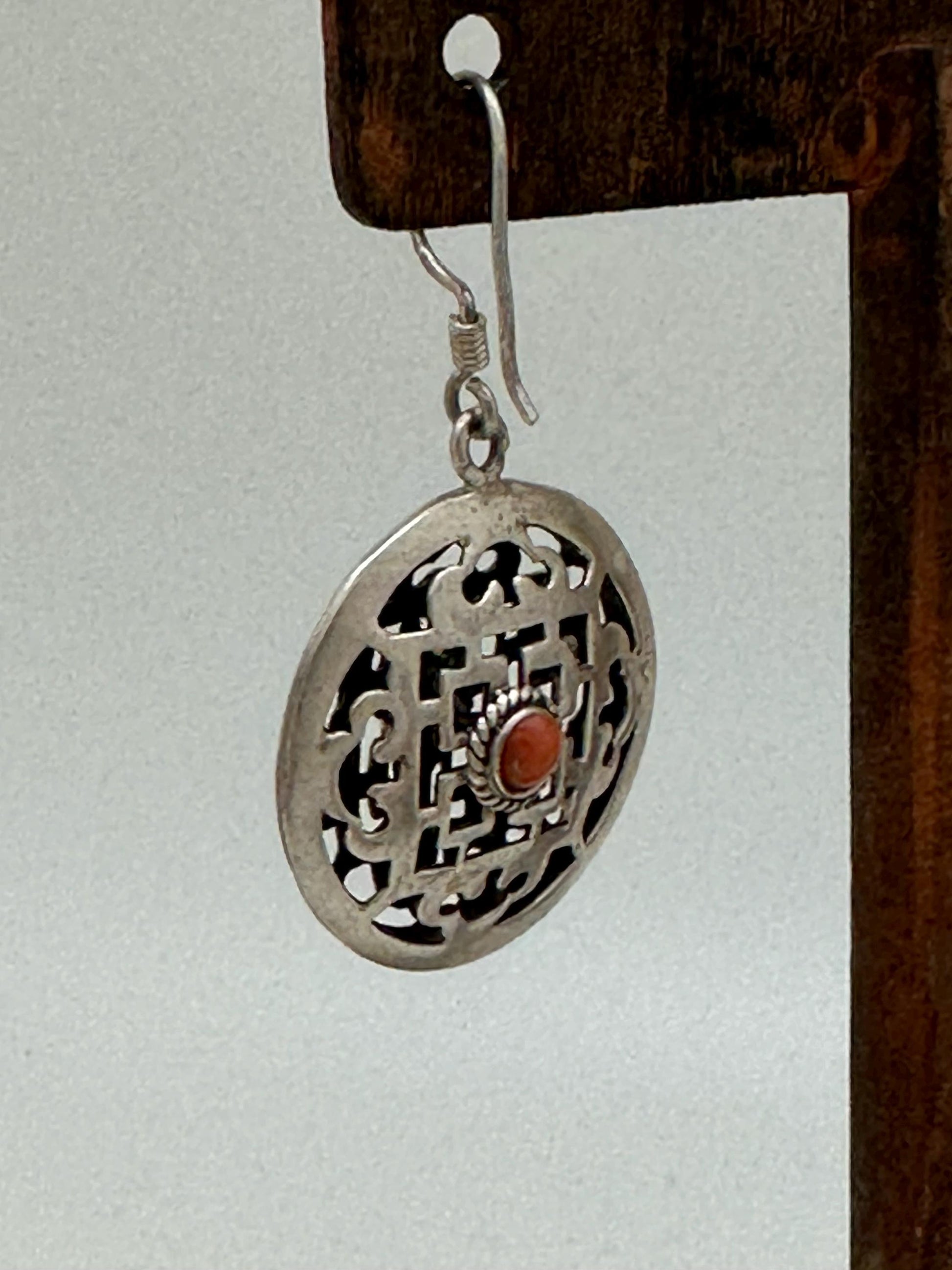 Tibetan earring, ethnic design, mandala design, sterling silver, inlay natural coral