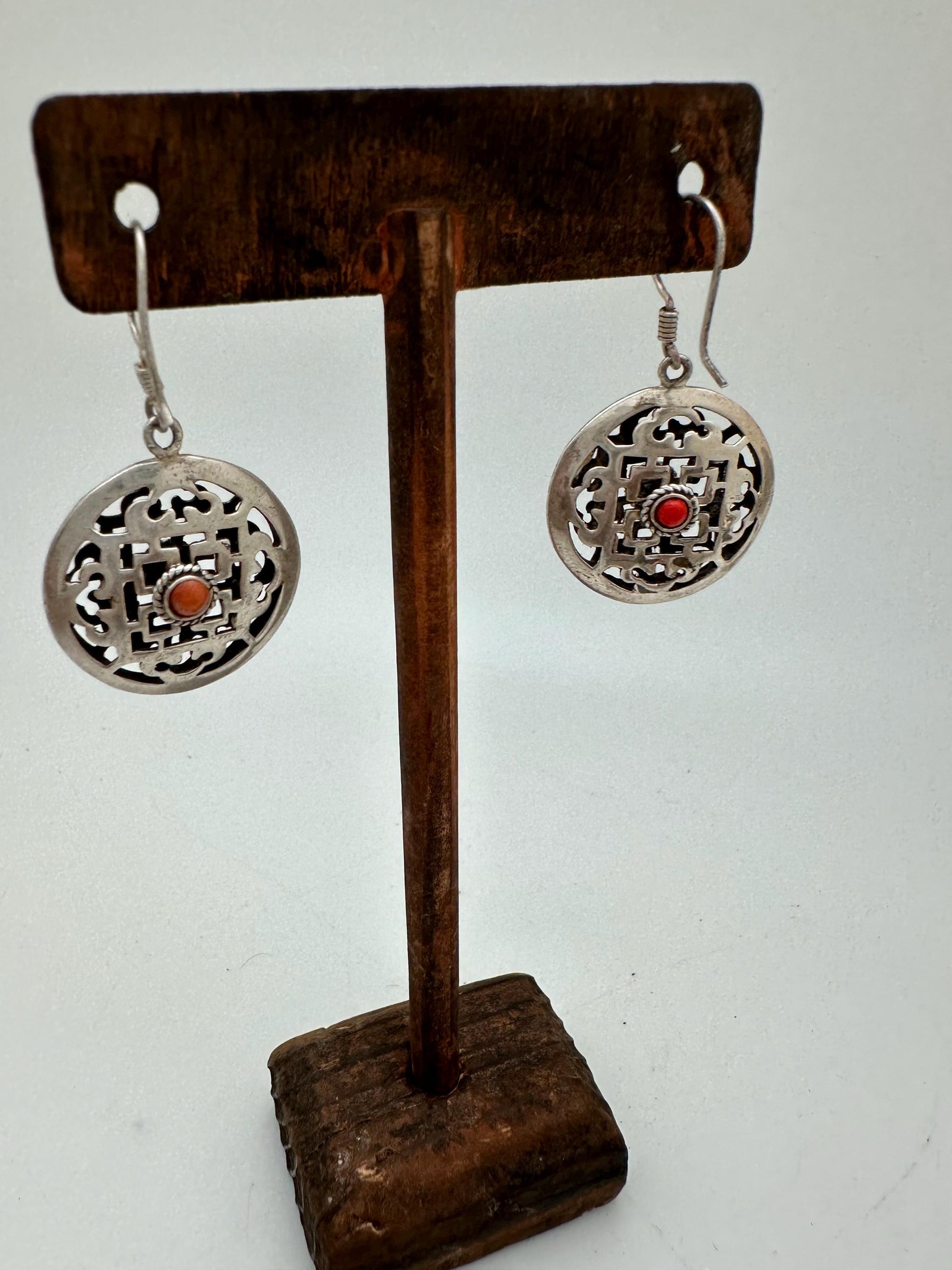 Tibetan earring, ethnic design, mandala design, sterling silver, inlay natural coral