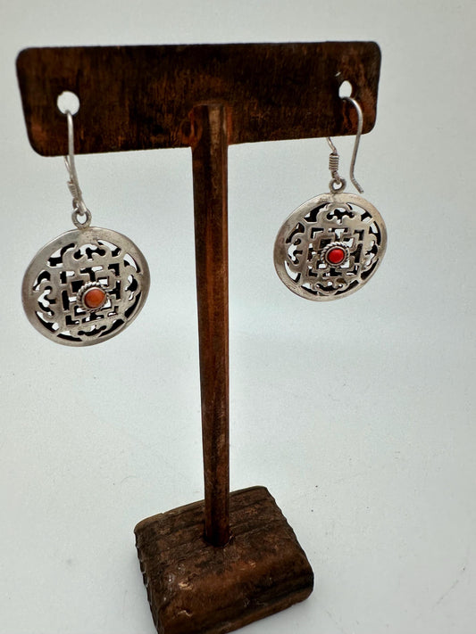 Tibetan earring, ethnic design, mandala design, sterling silver, inlay natural coral