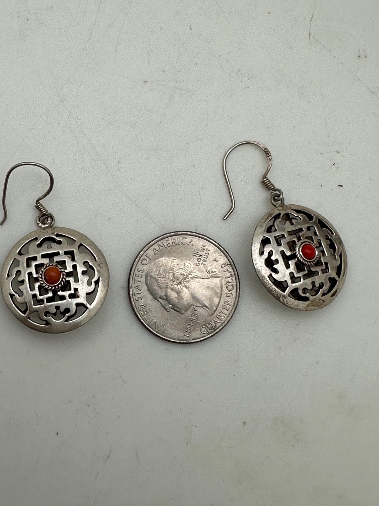 Tibetan earring, ethnic design, mandala design, sterling silver, inlay natural coral