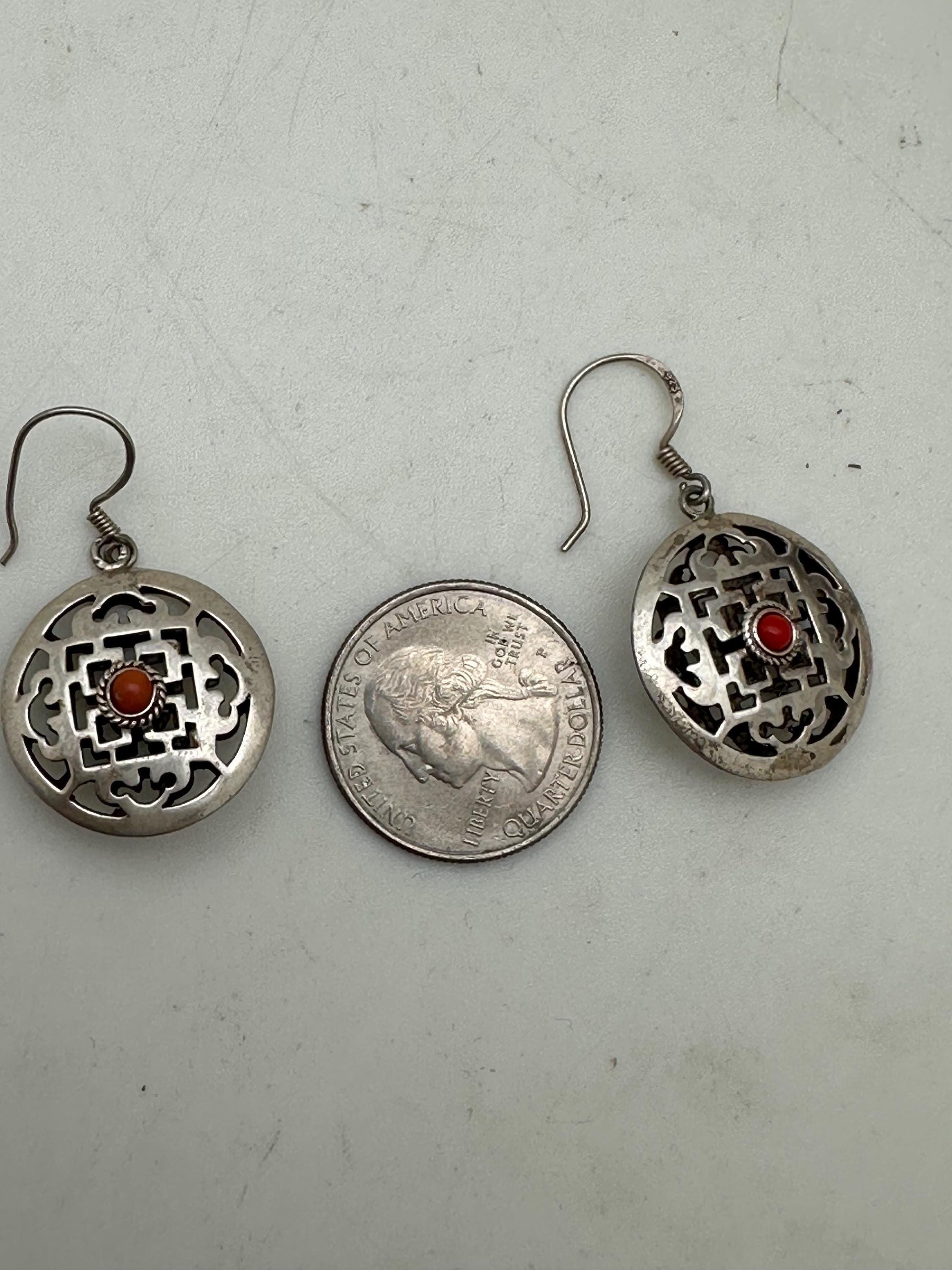 Tibetan earring, ethnic design, mandala design, sterling silver, inlay natural coral