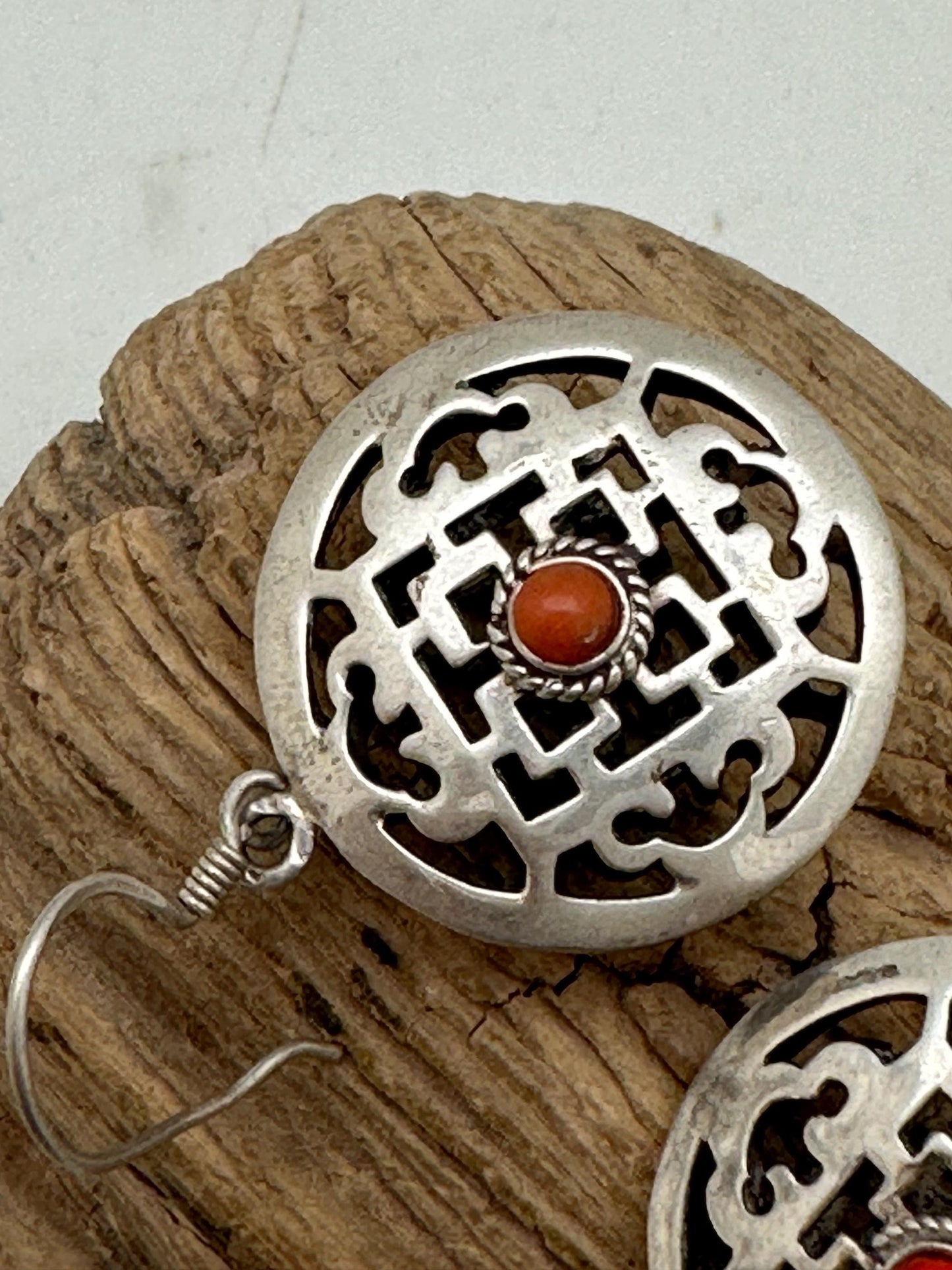 Tibetan earring, ethnic design, mandala design, sterling silver, inlay natural coral