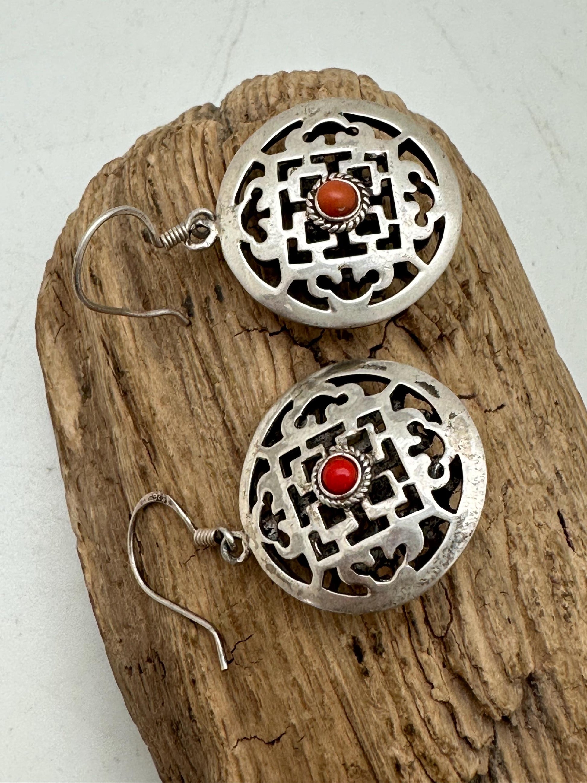 Tibetan earring, ethnic design, mandala design, sterling silver, inlay natural coral