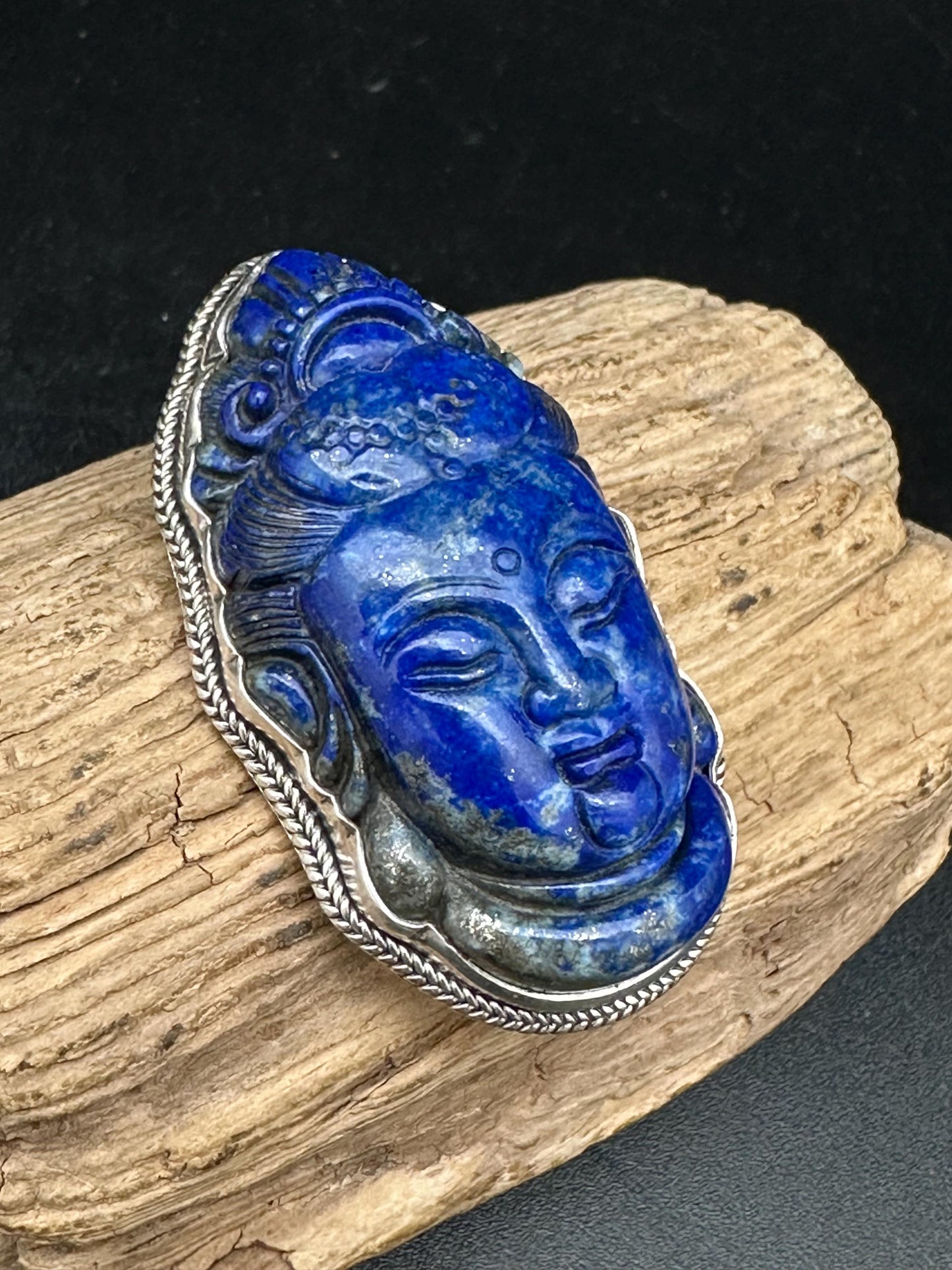 Handcarved Lapis Lazuli Kwan Yin Pendant: Sterling Silver Guanyin
