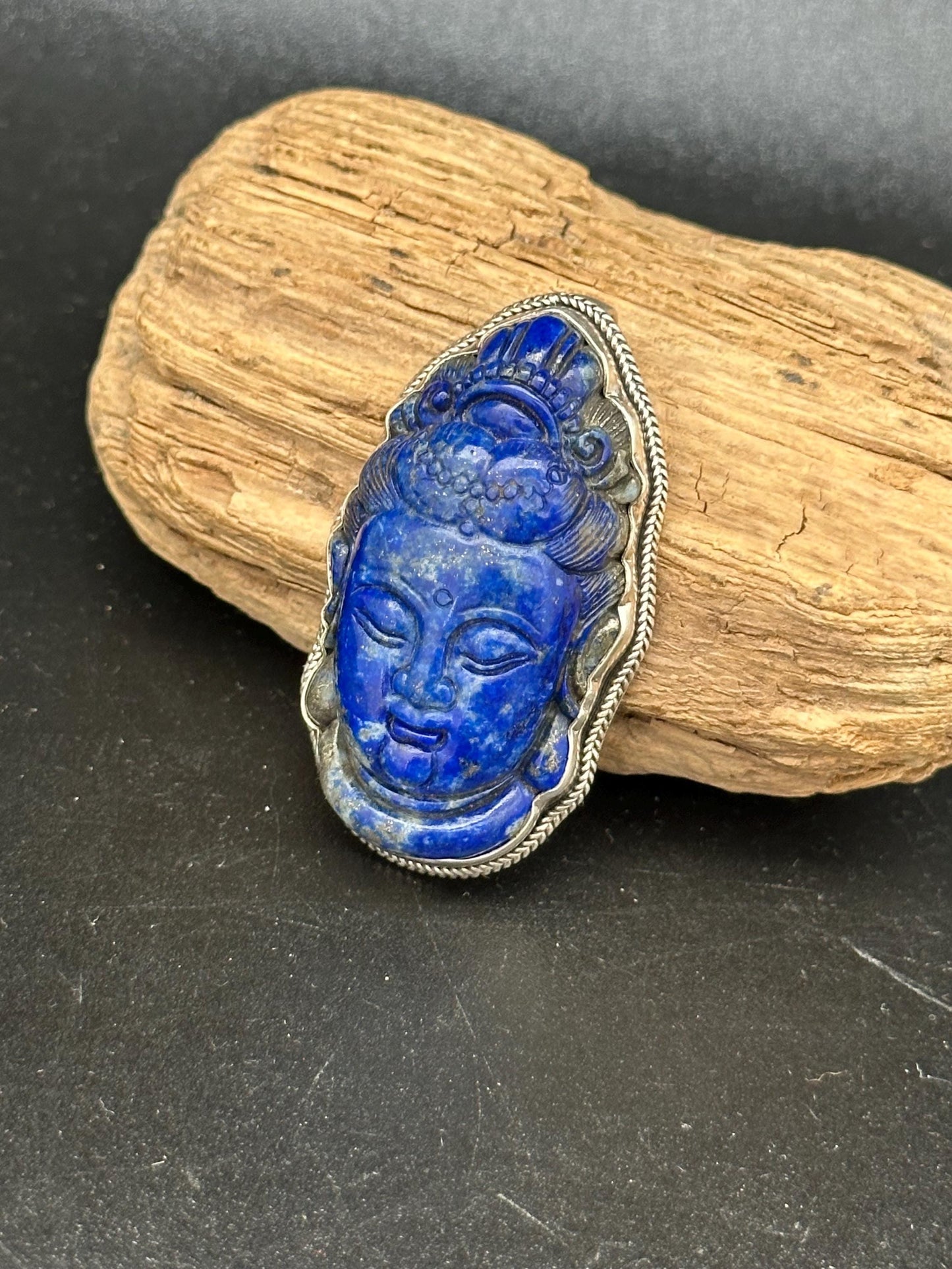 Handcarved Lapis Lazuli Kwan Yin Pendant: Sterling Silver Guanyin