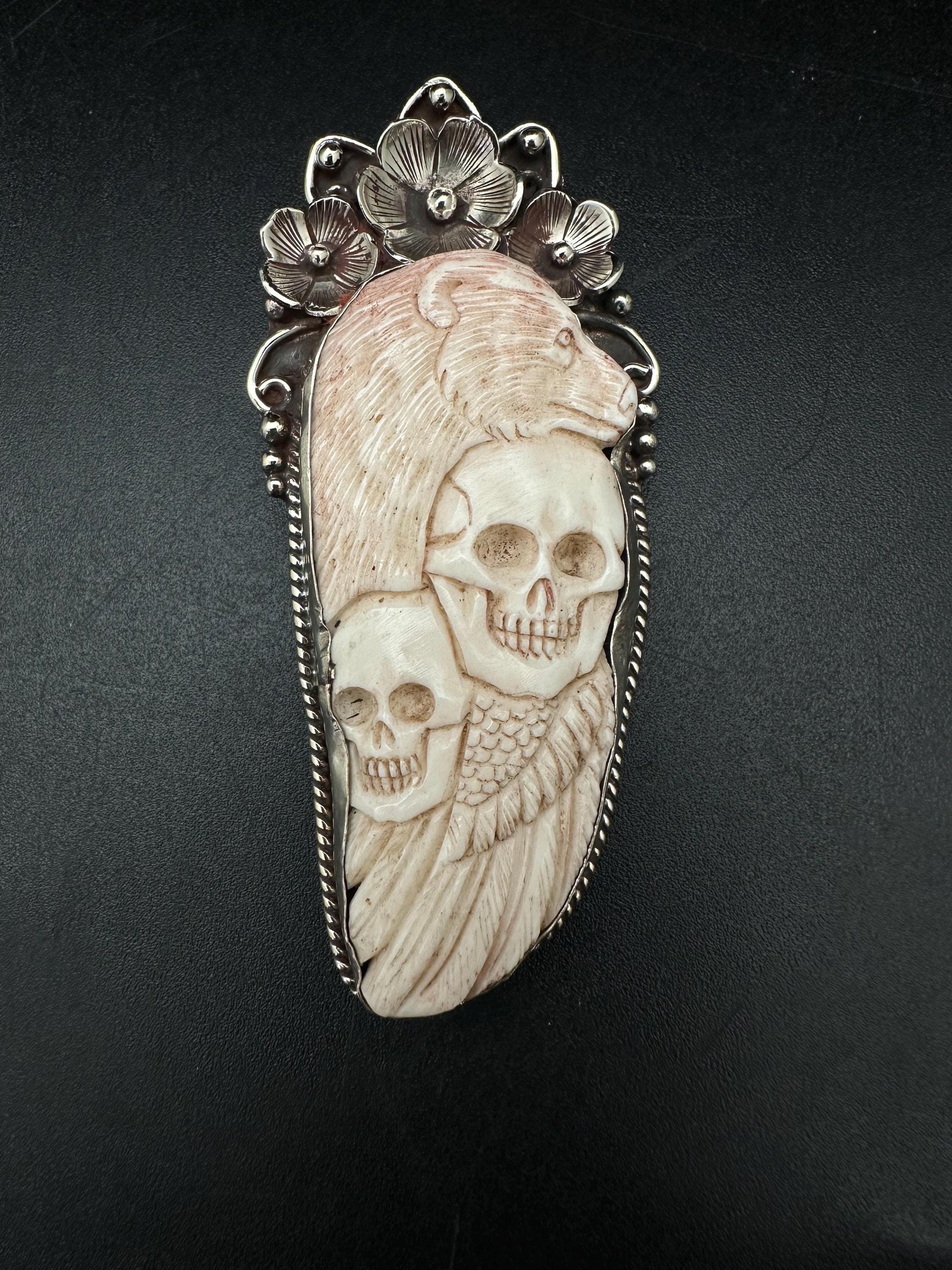 Bone carved skull with bear pendant, handcrafted,tibetan silver Himalayan, Nepalese, ethnic,Tibetan design