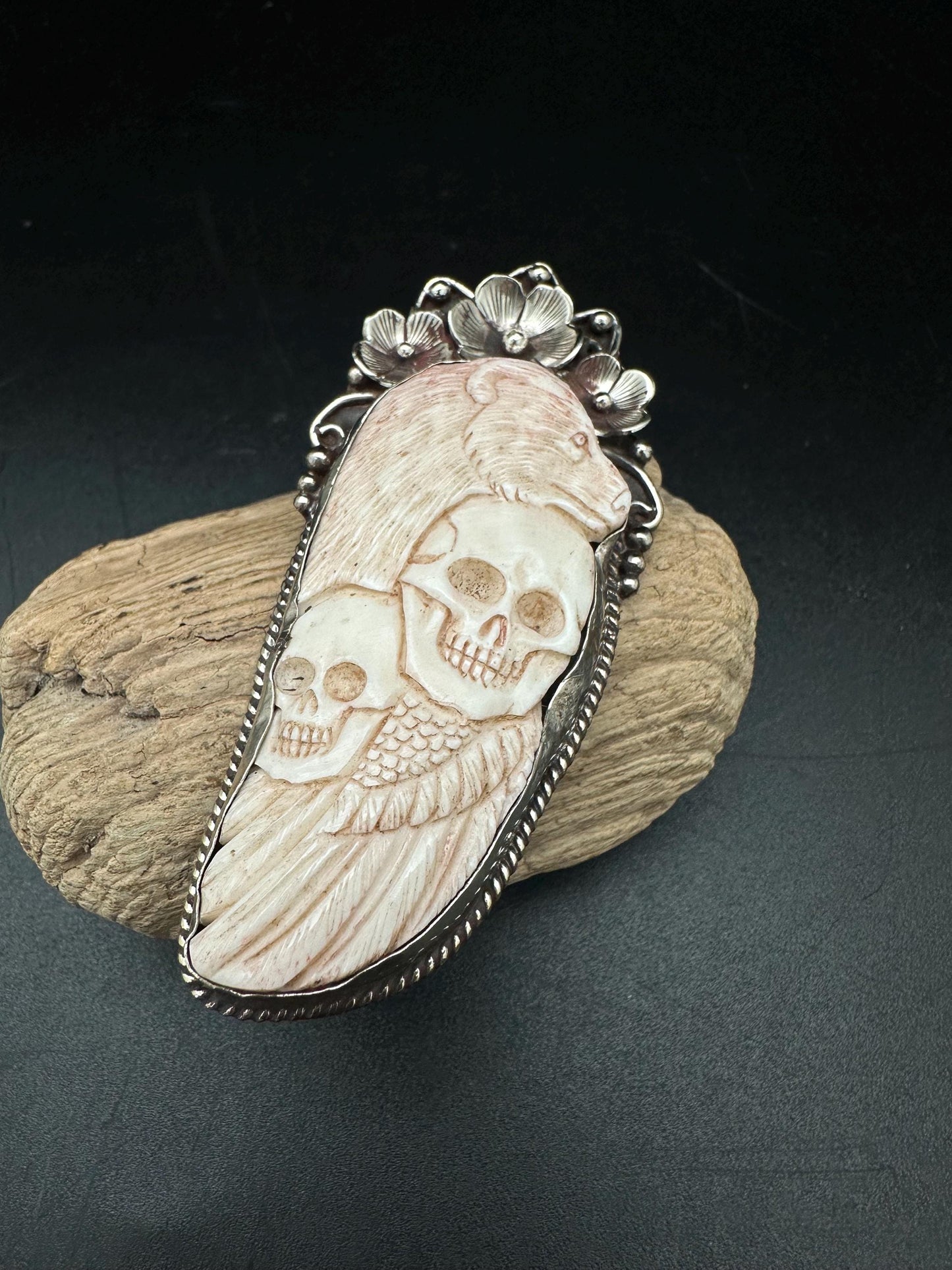 Bone carved skull with bear pendant, handcrafted,tibetan silver Himalayan, Nepalese, ethnic,Tibetan design
