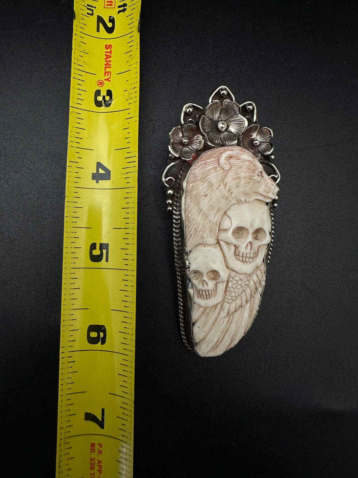 Bone carved skull with bear pendant, handcrafted,tibetan silver Himalayan, Nepalese, ethnic,Tibetan design