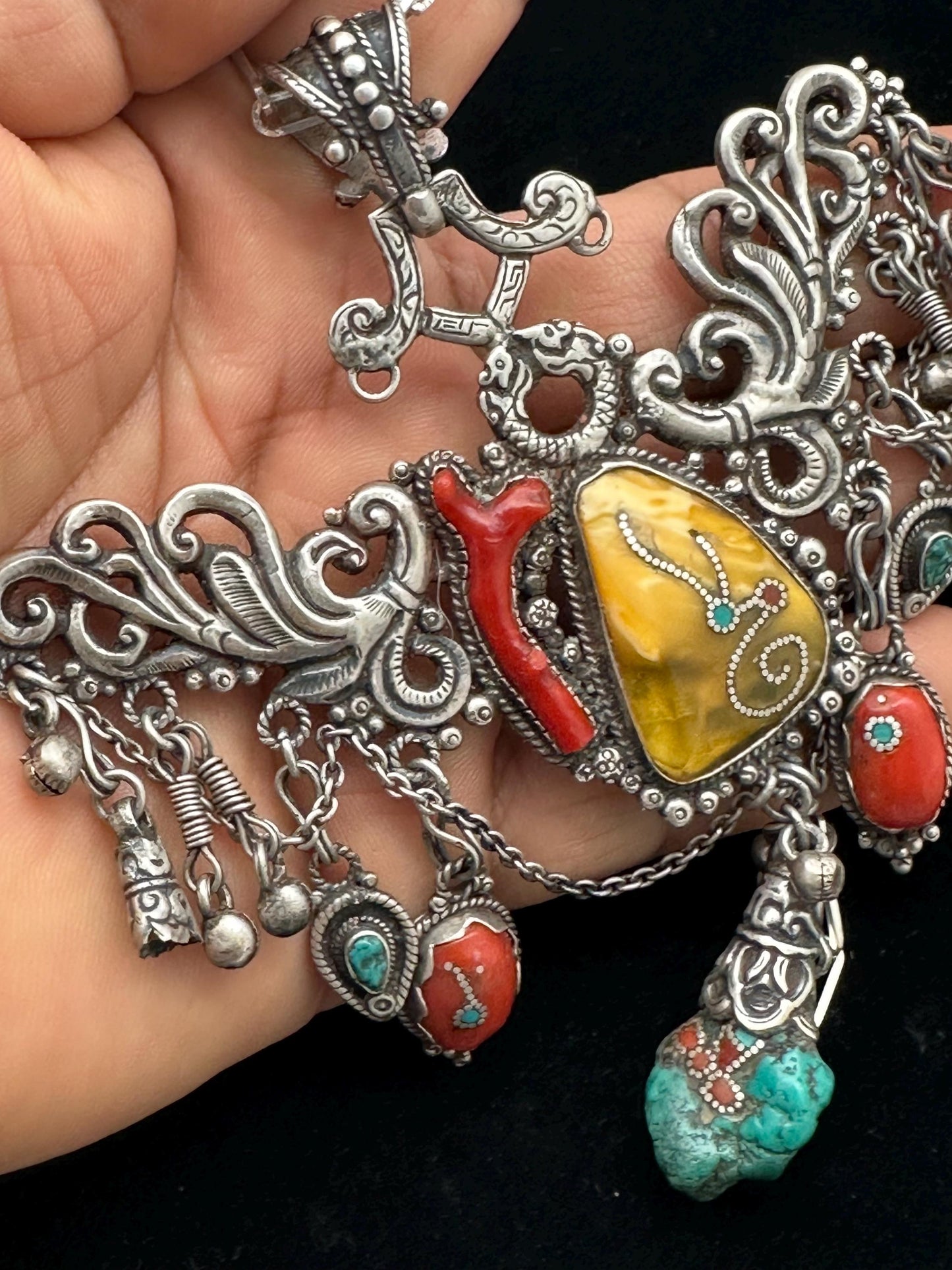 Tibetan necklace, ethnic jewelry, sterling silver, handmade necklace, vintage jewelry