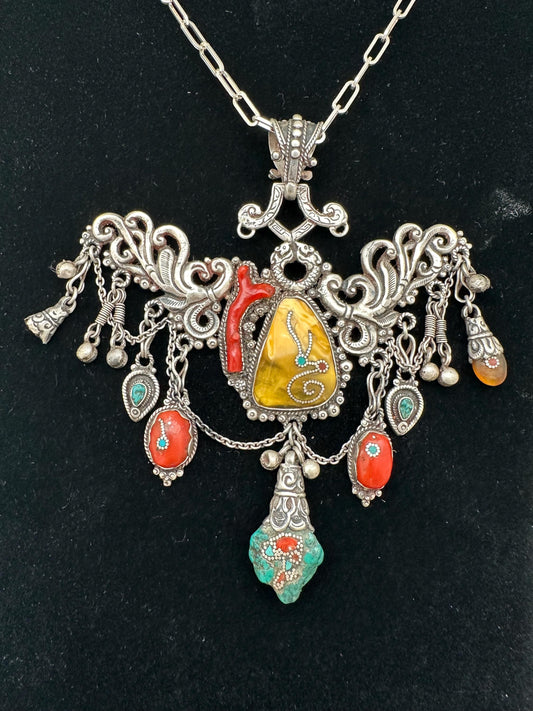 Tibetan necklace, ethnic jewelry, sterling silver, handmade necklace, vintage jewelry