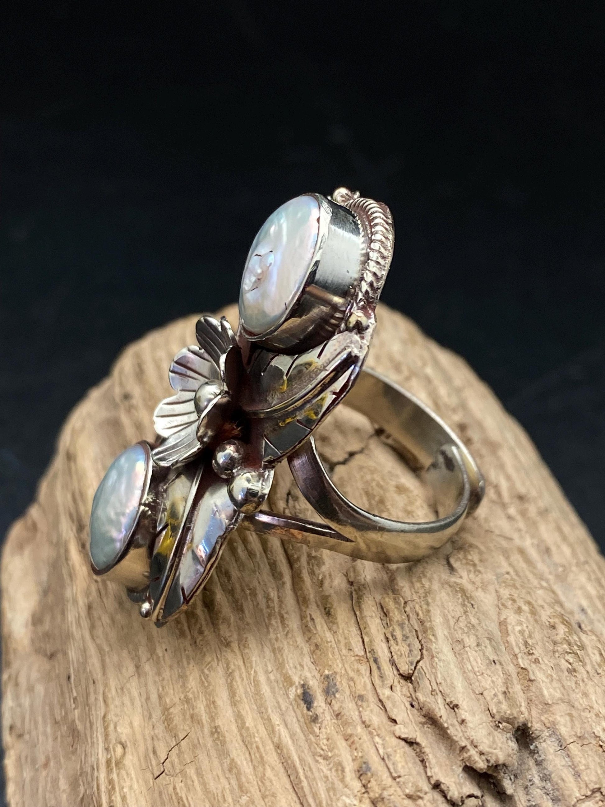 Pearl ring,mother of pearl, handcrafted,Tibetan silver,Nepalese, Himalayan, floral design,