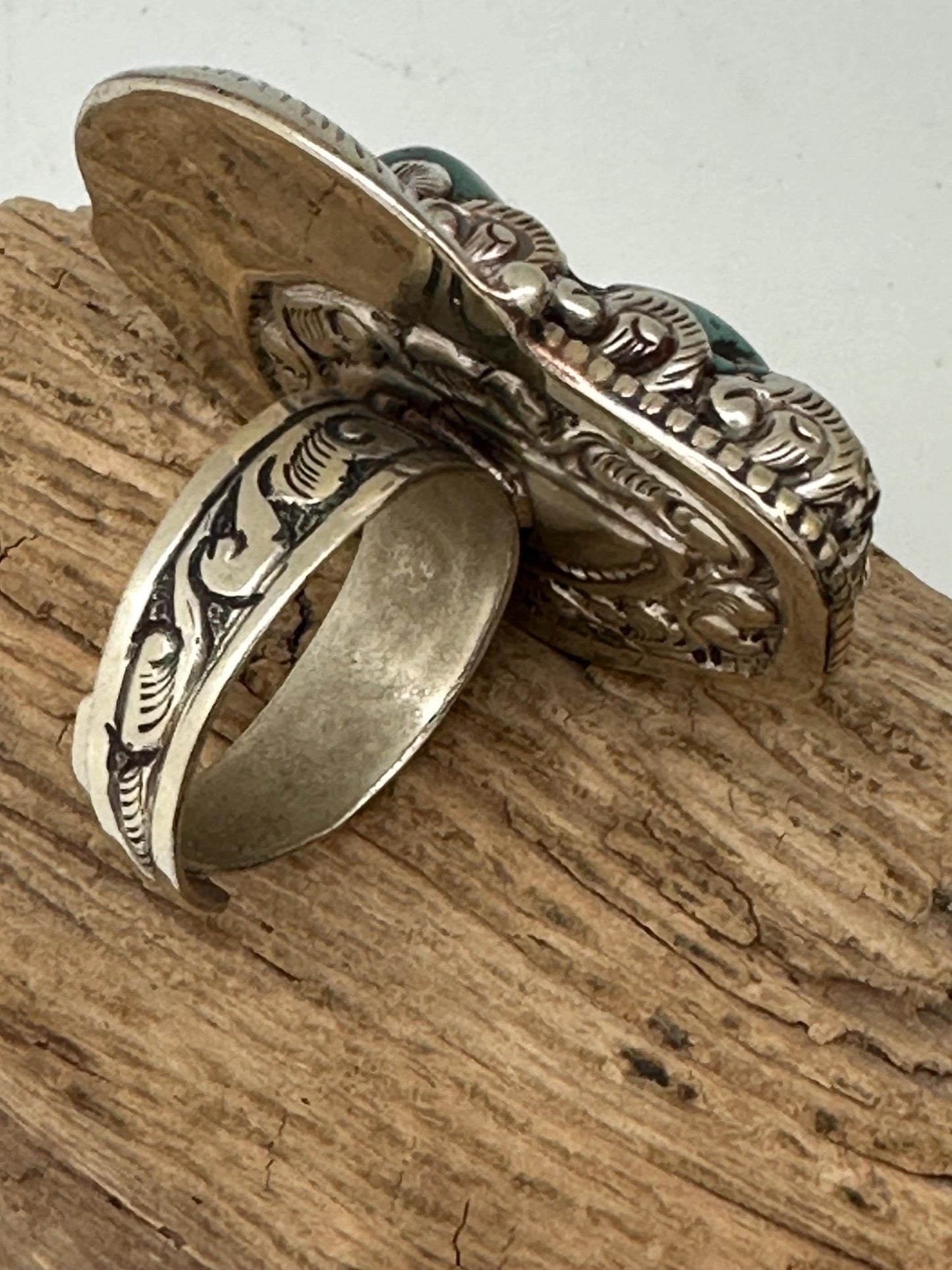 Handcrafted Turquoise Ring: Tibetan repousse Silver Adjustable Band