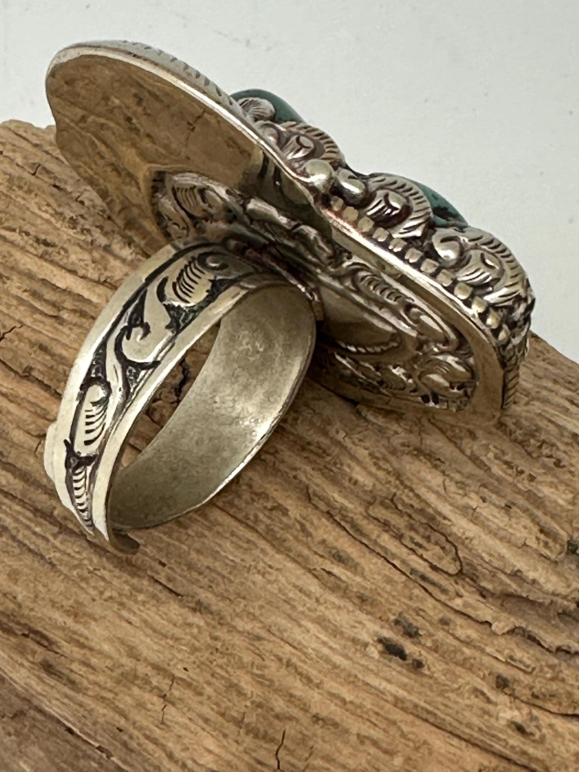 Handcrafted Turquoise Ring: Tibetan repousse Silver Adjustable Band