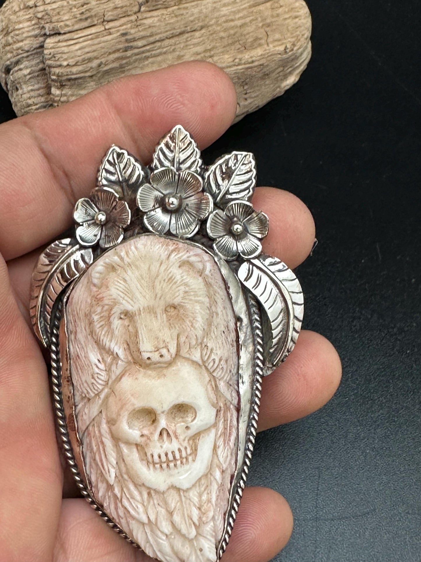 bear with skull pendant, handcrafted with Tibetan silver, native jewelry,