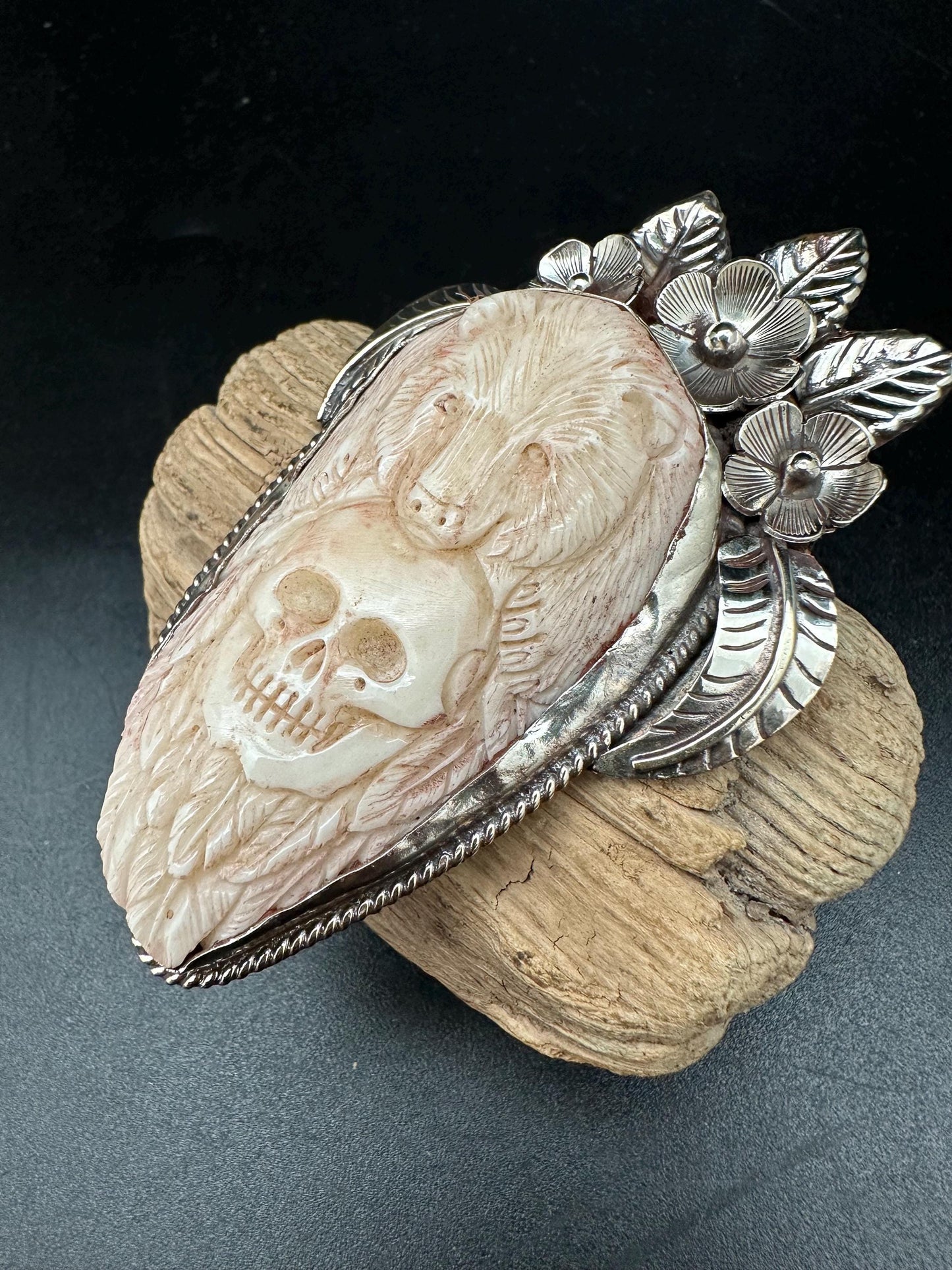 bear with skull pendant, handcrafted with Tibetan silver, native jewelry,