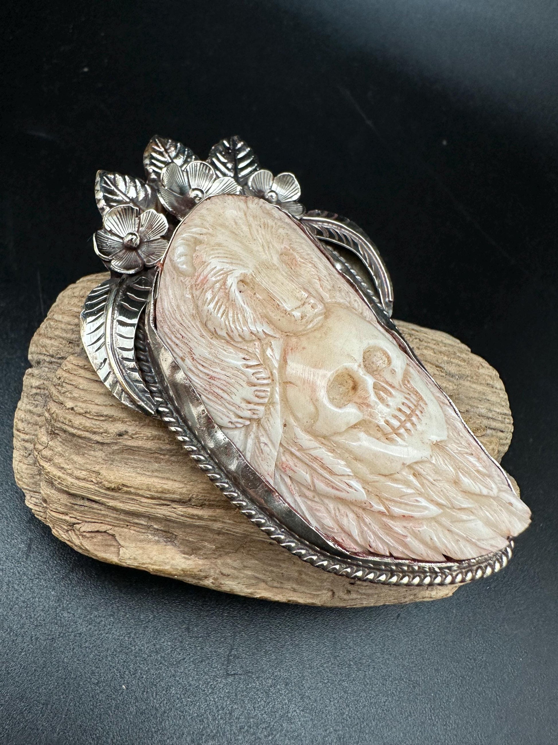 bear with skull pendant, handcrafted with Tibetan silver, native jewelry,