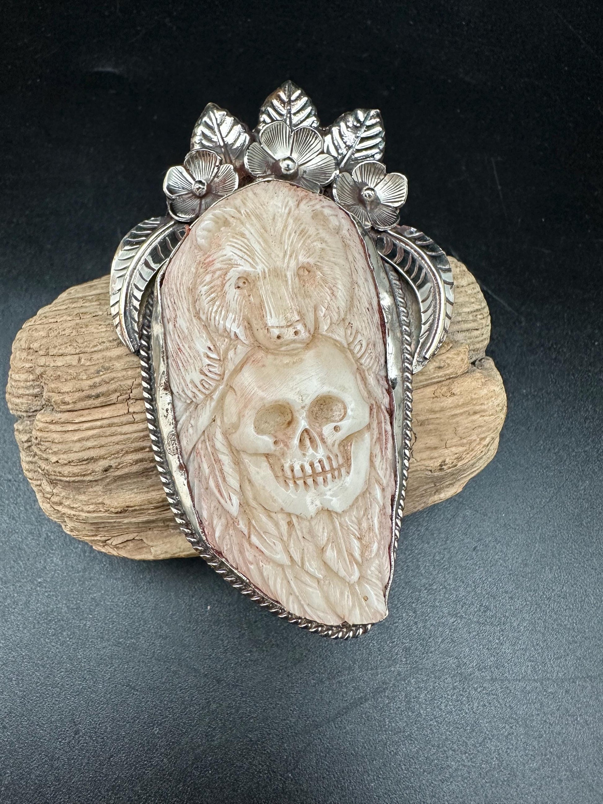 bear with skull pendant, handcrafted with Tibetan silver, native jewelry,