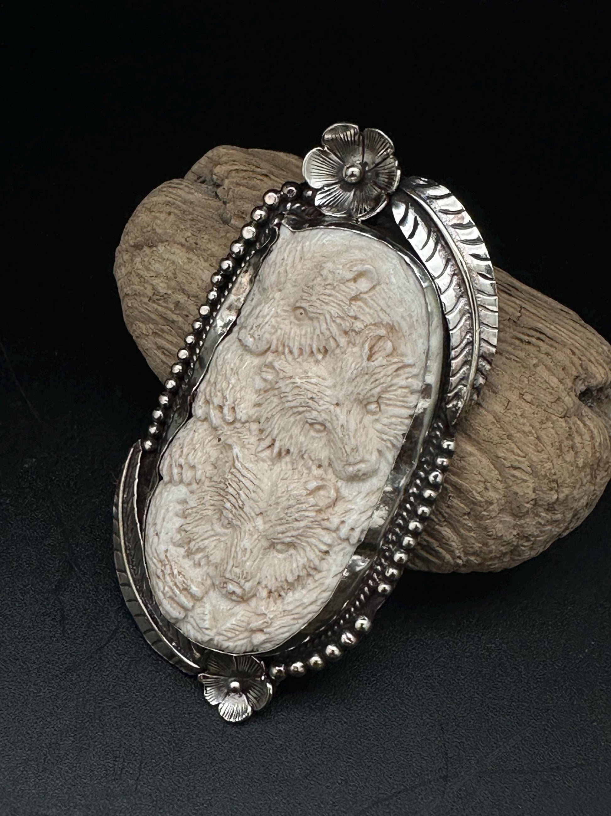 Handmade Bone Carved Bear Pendant: Tibetan Silver Repousse