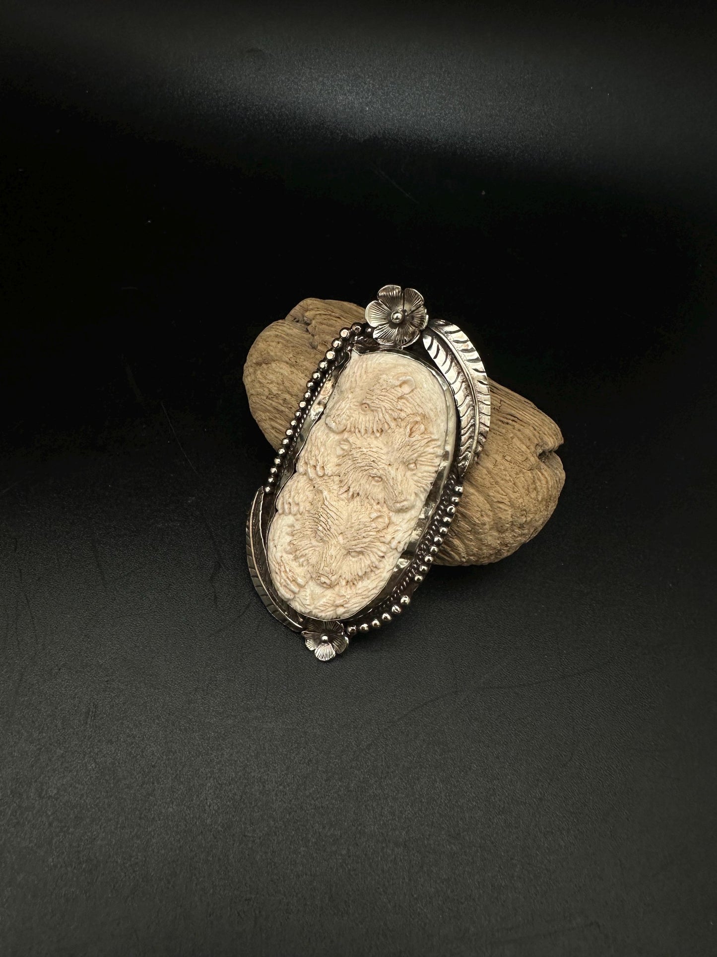 Handmade Bone Carved Bear Pendant: Tibetan Silver Repousse