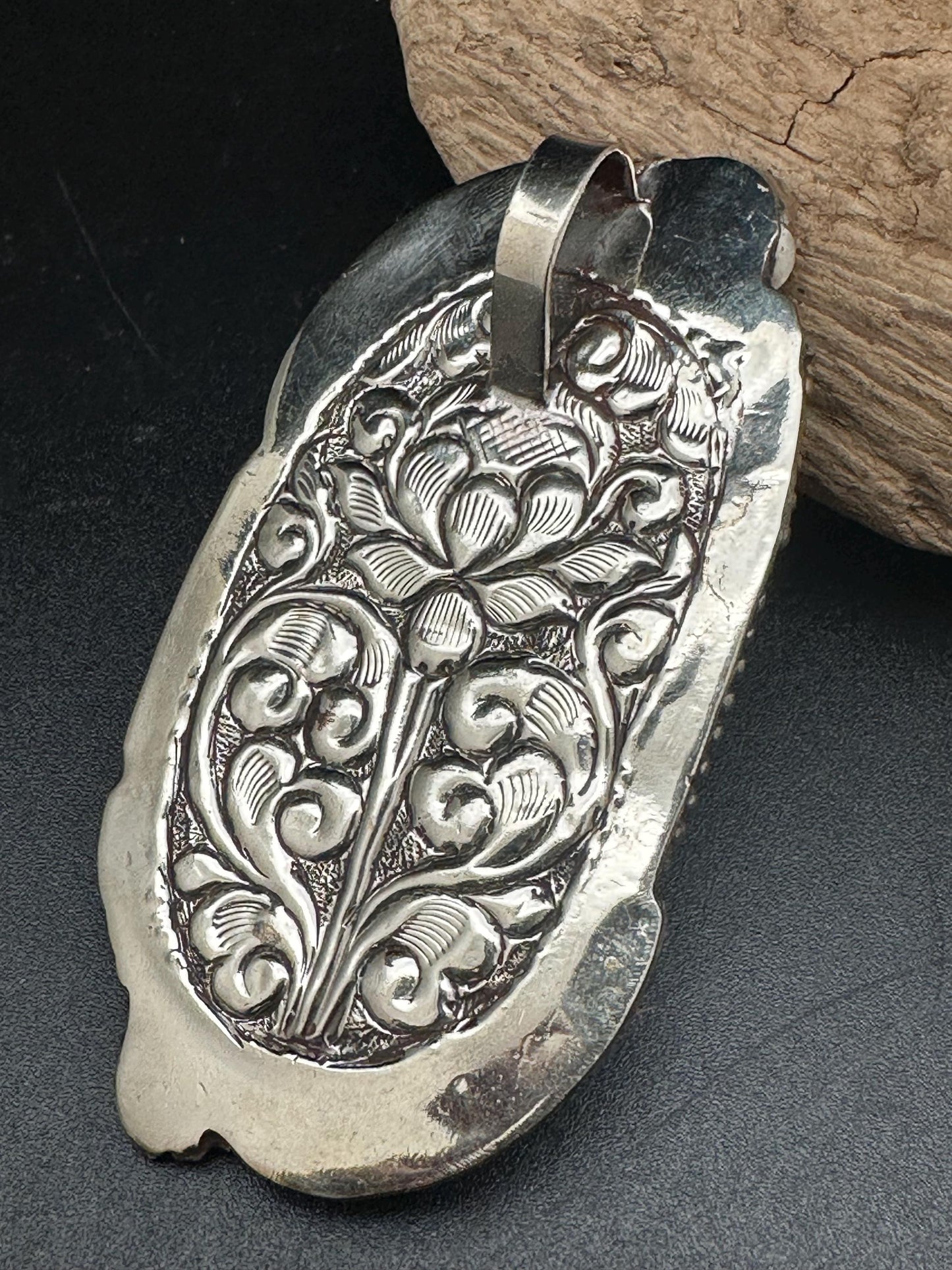 Handmade Bone Carved Bear Pendant: Tibetan Silver Repousse