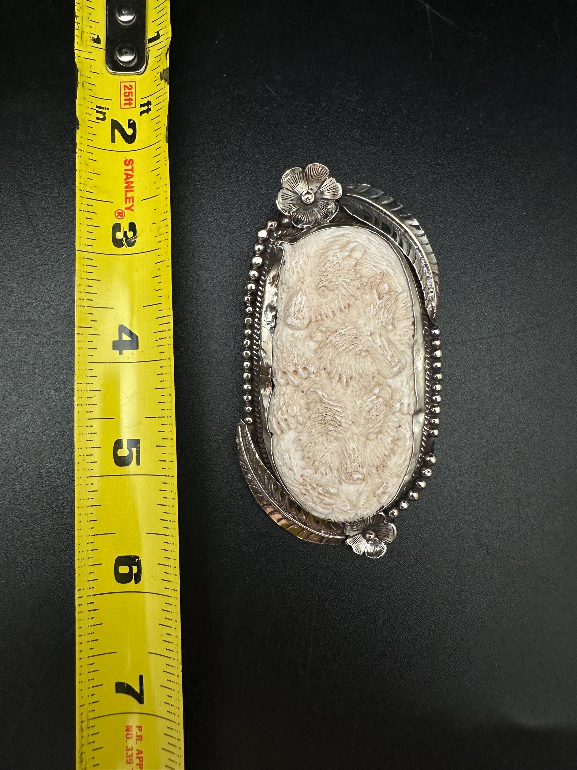 Handmade Bone Carved Bear Pendant: Tibetan Silver Repousse
