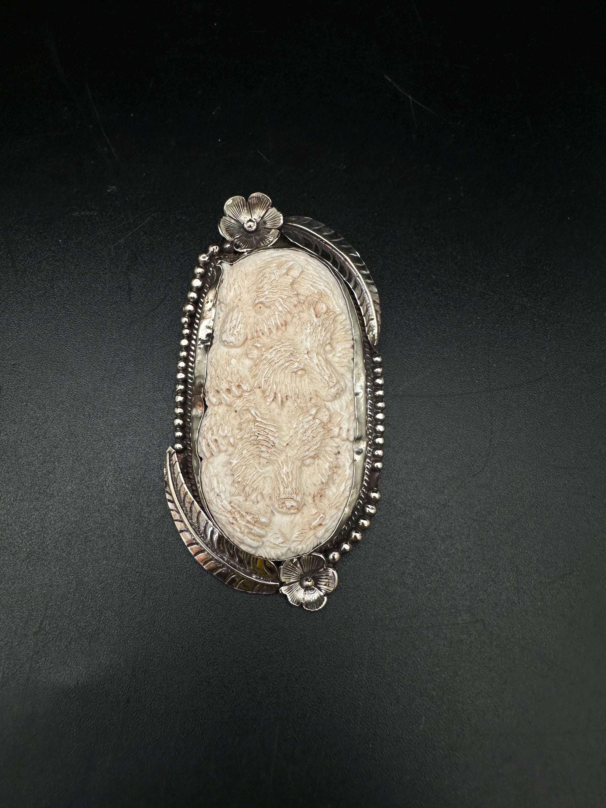Handmade Bone Carved Bear Pendant: Tibetan Silver Repousse