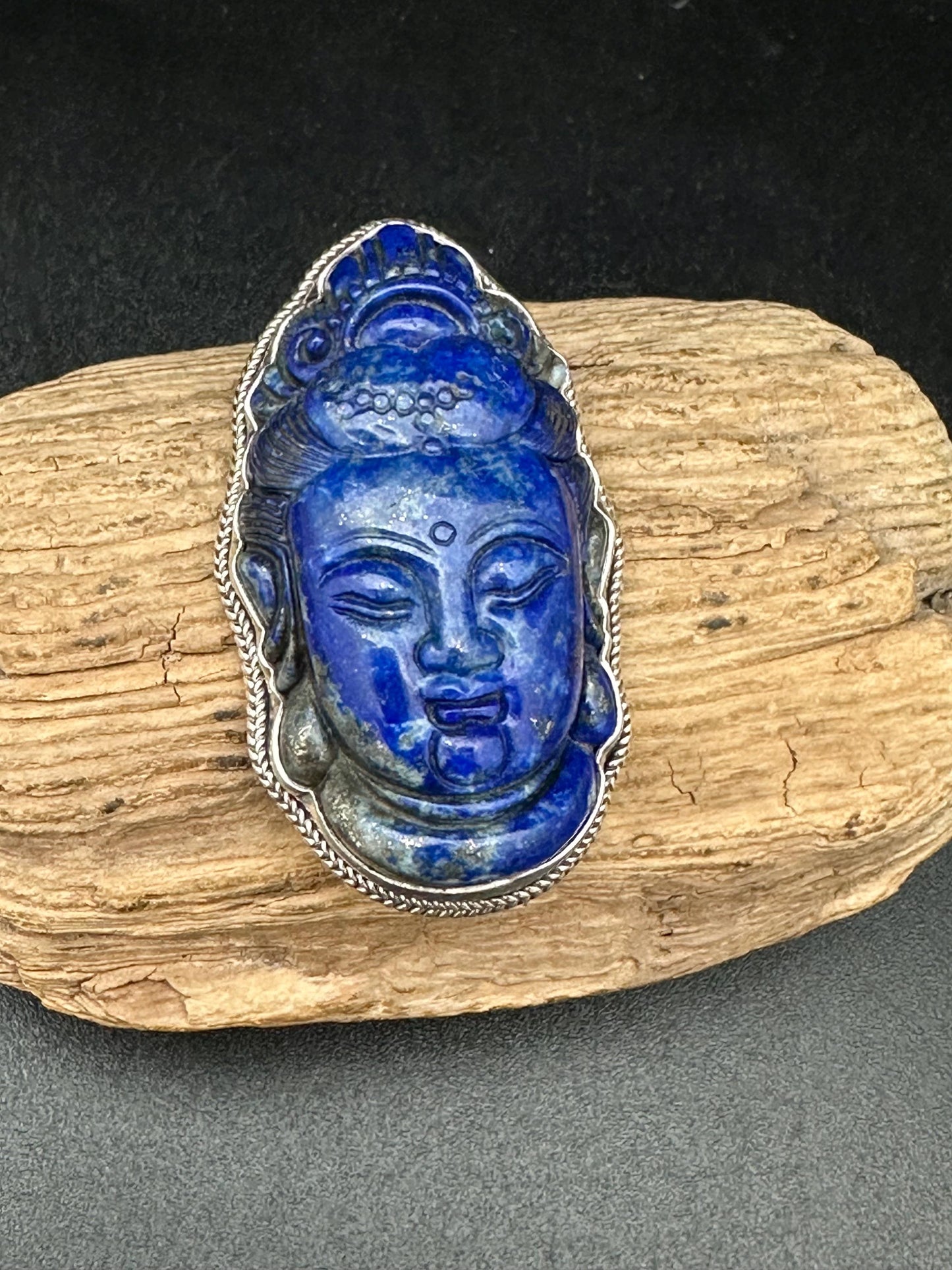 Handcarved Lapis Lazuli Kwan Yin Pendant: Sterling Silver Guanyin